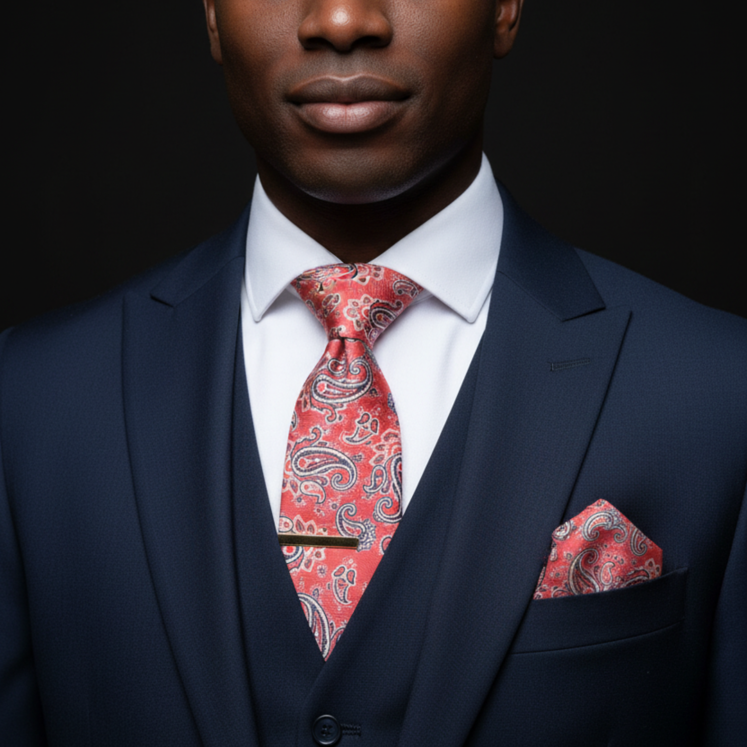 Man wearing a navy suit with a red paisley tie and pocket square on a black background