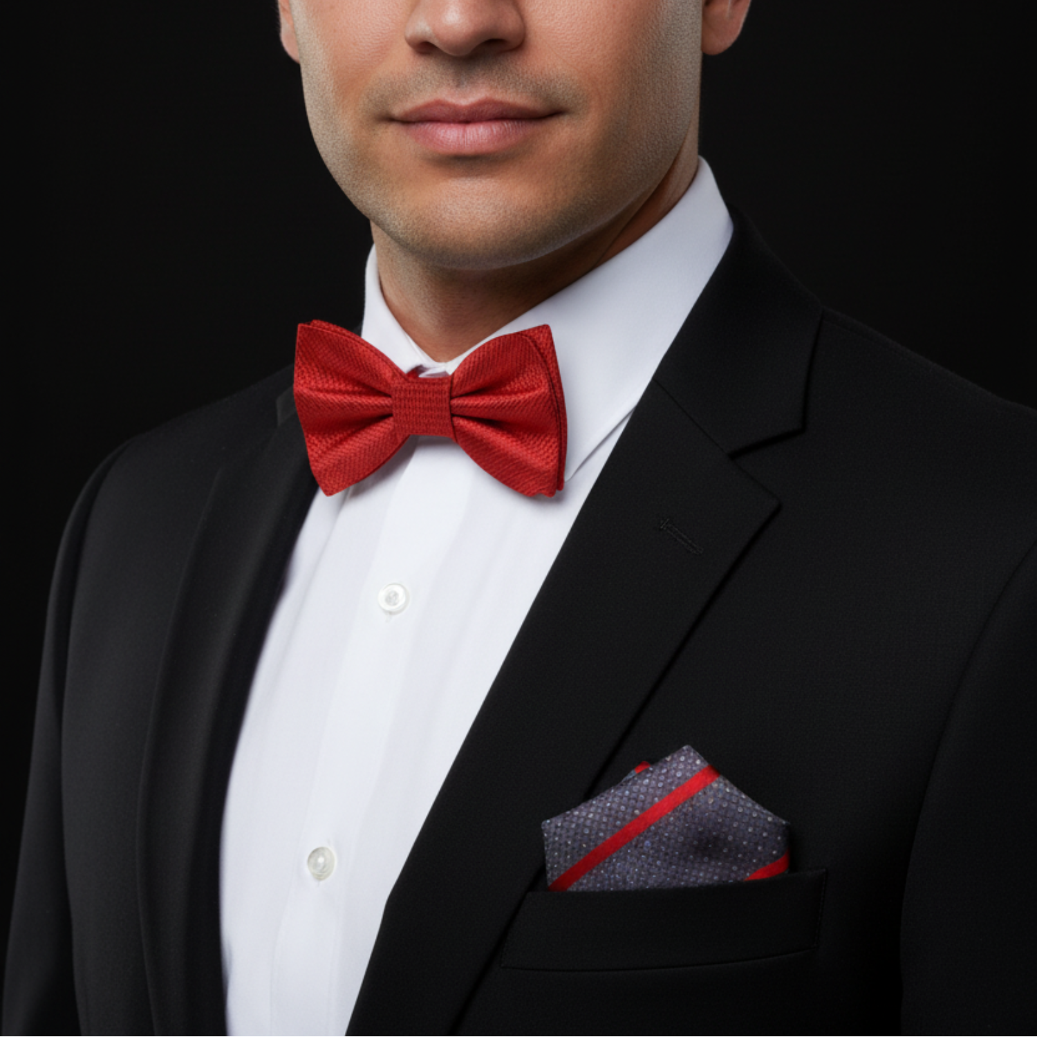 Man wearing a black suit with a red bow tie and matching pocket square on a black background