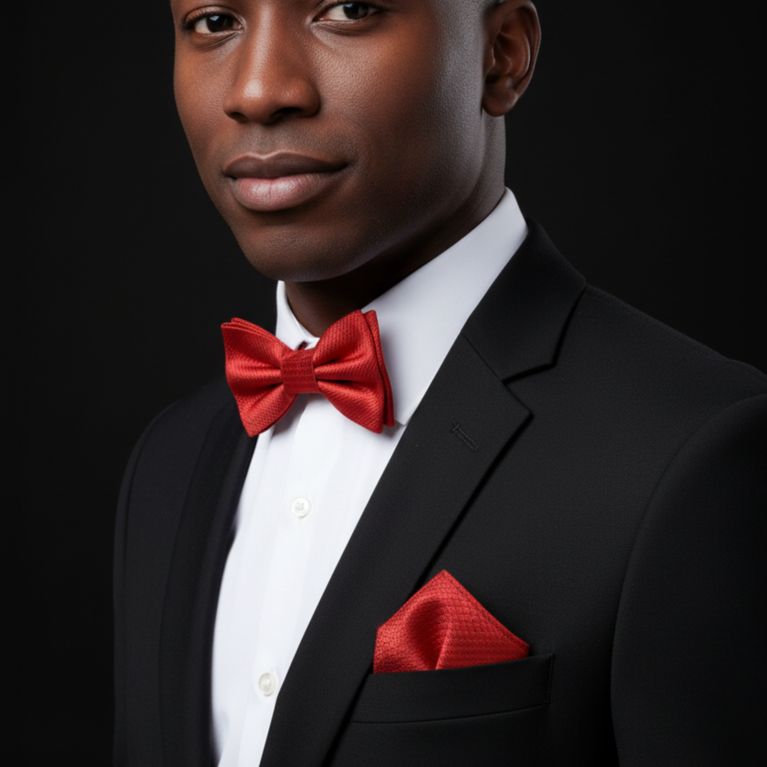 Man wearing a black suit with a red bow tie and pocket square on a black background