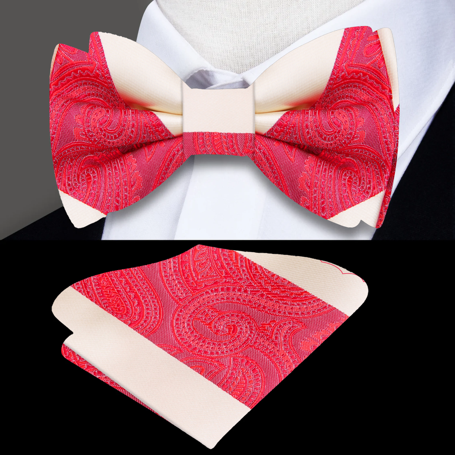 Red and Shortbread Paisley Bow Tie and Pocket Square