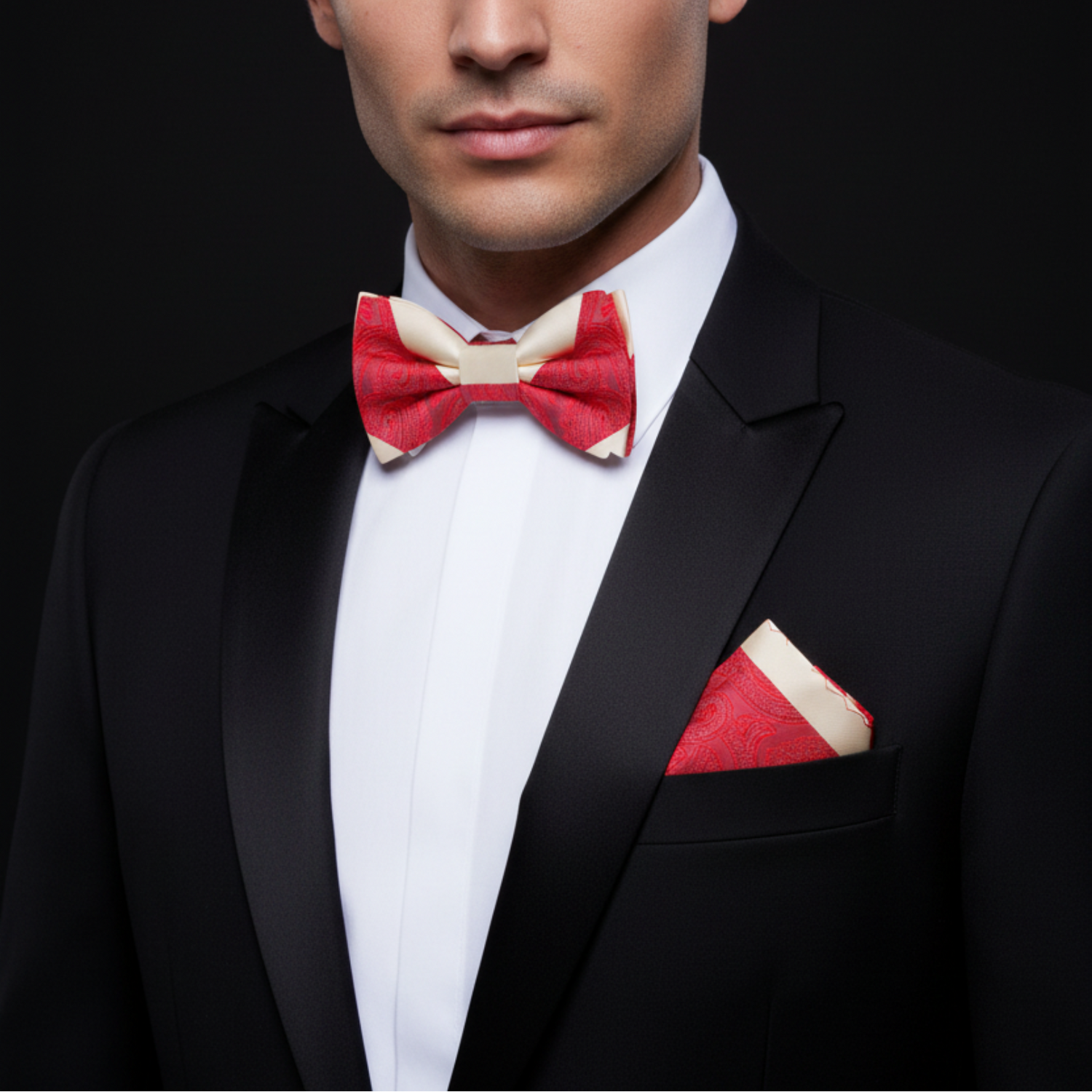 Red and Cream Paisley Bow Tie and Square on man
