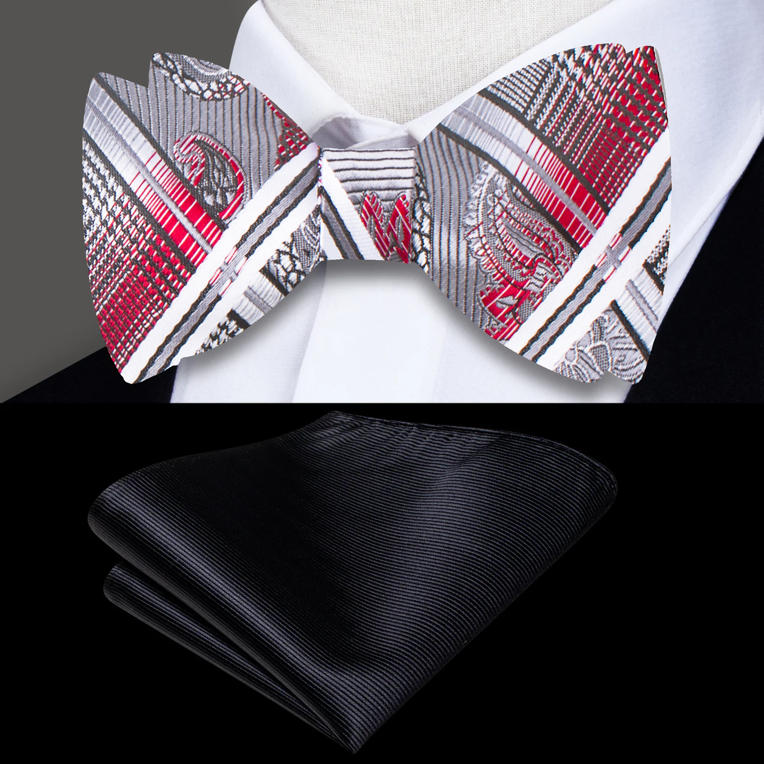 A Silver, Black, Red Geometric and Paisley Pattern Self Tie Bow Tie and Black Square