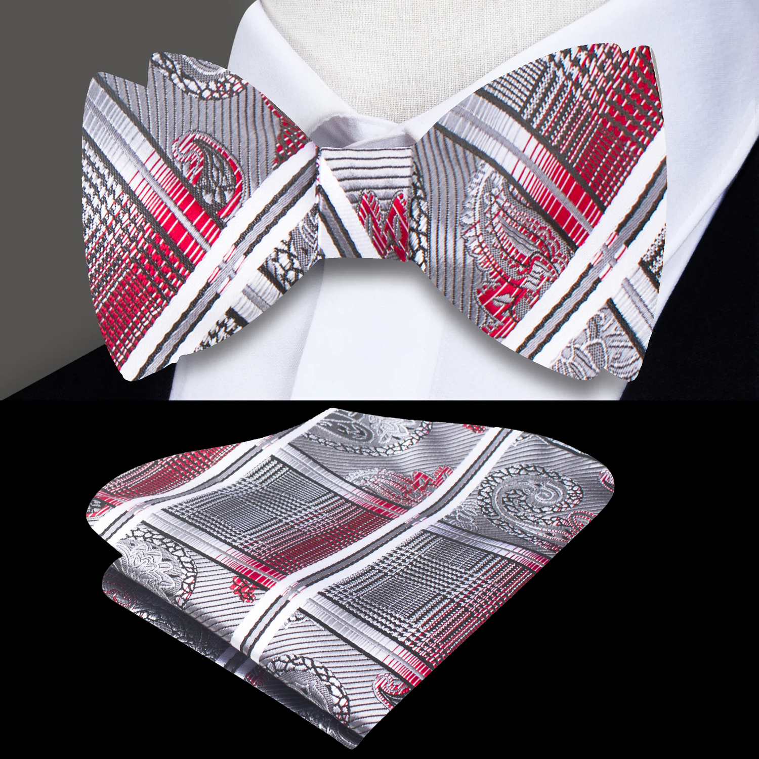 Main: A Silver, Black, Red Geometric and Paisley Pattern Self Tie Bow Tie and Square