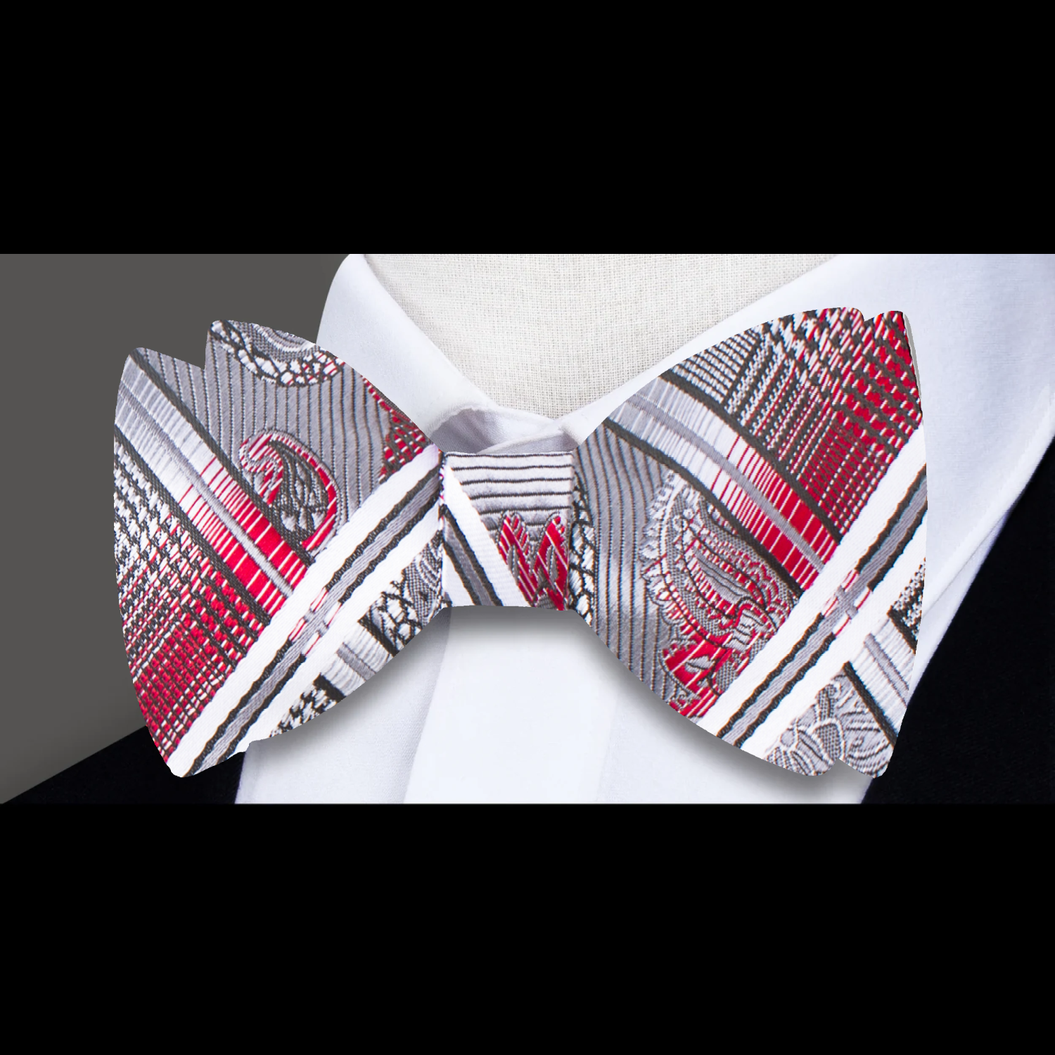 Silver and Red Paisley Bow Tie