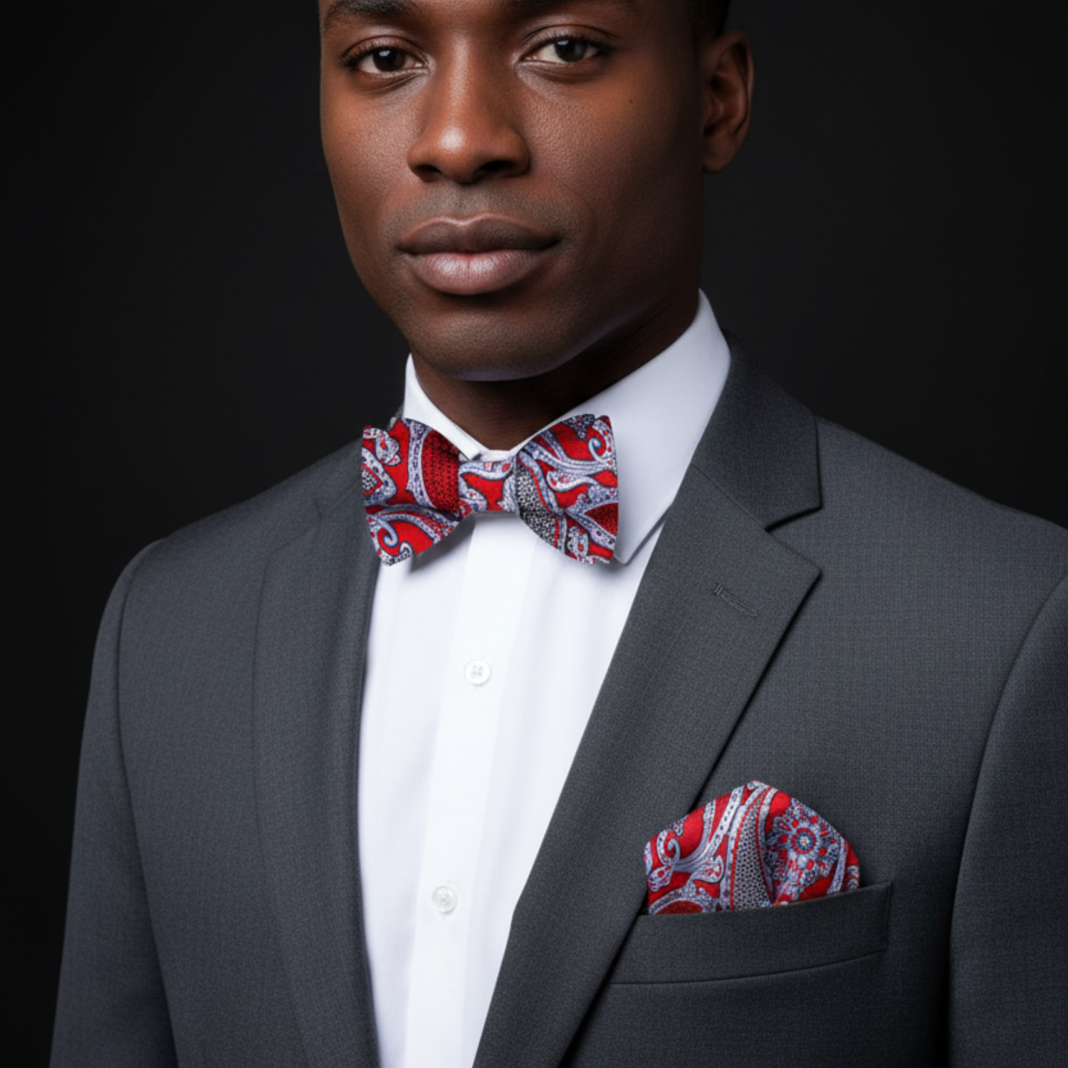 Red Paisley Bow Tie and Matching Square on Man