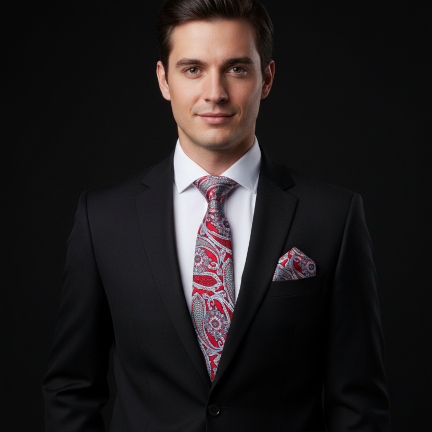 Man wearing a black suit with a red paisley tie and pocket square on a black background