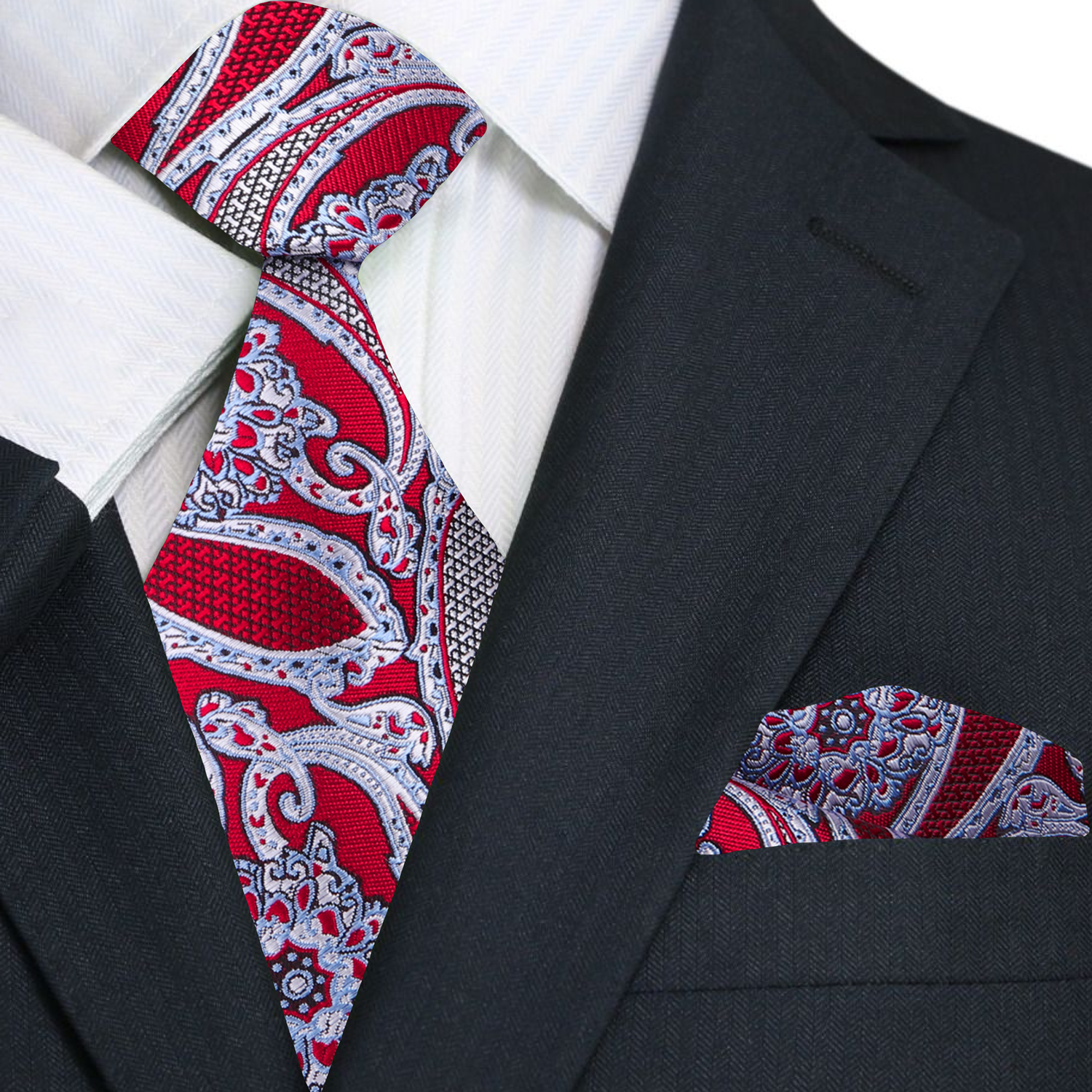A Red, Black, White Paisley Pattern Necktie, With Matching Pocket Square