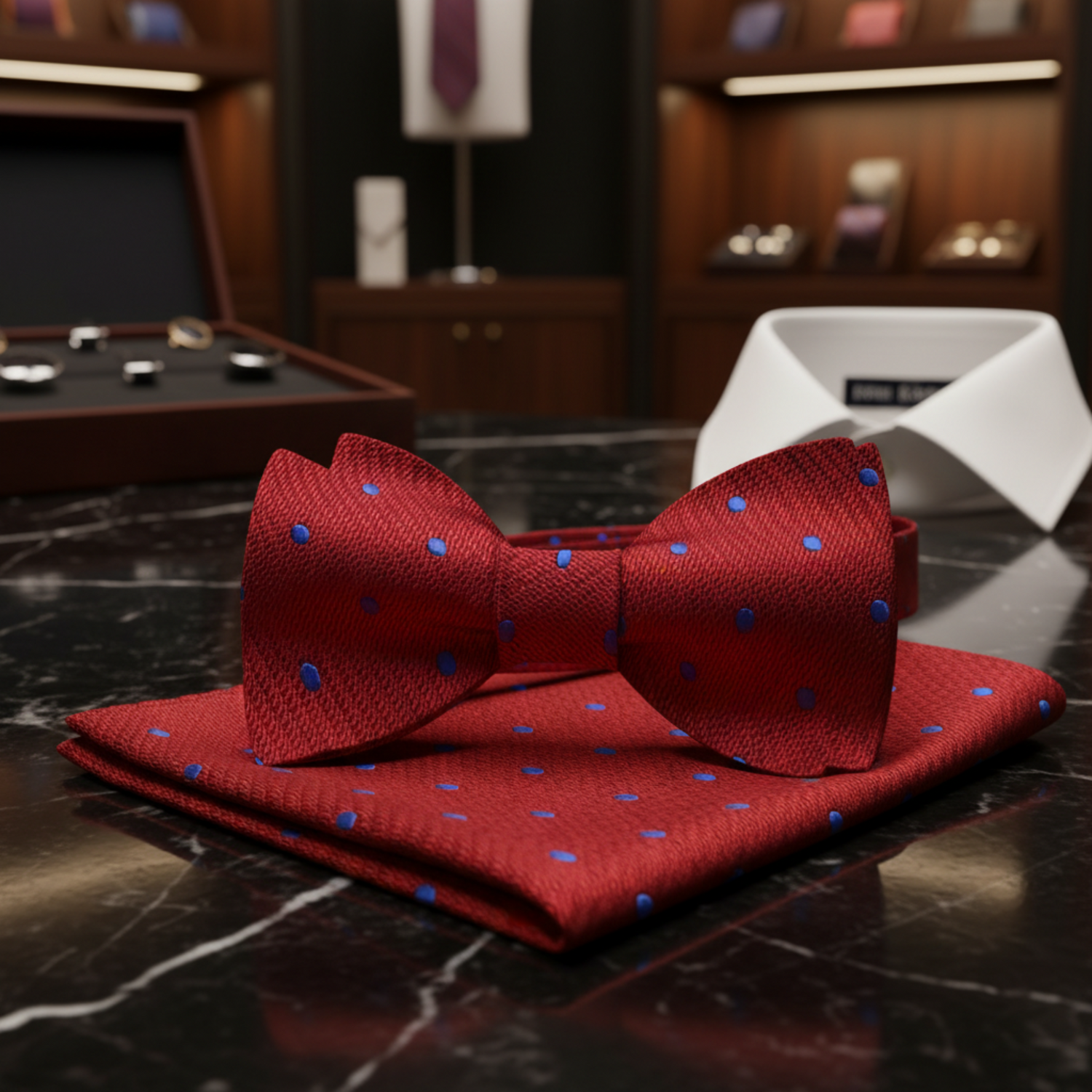 Blue, Red Polka Bow Tie and Pocket Square