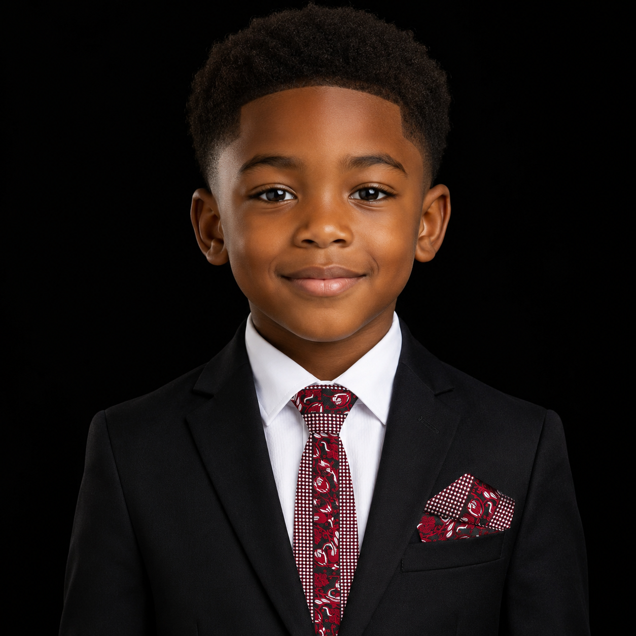 Red Tie and square on boy with suit