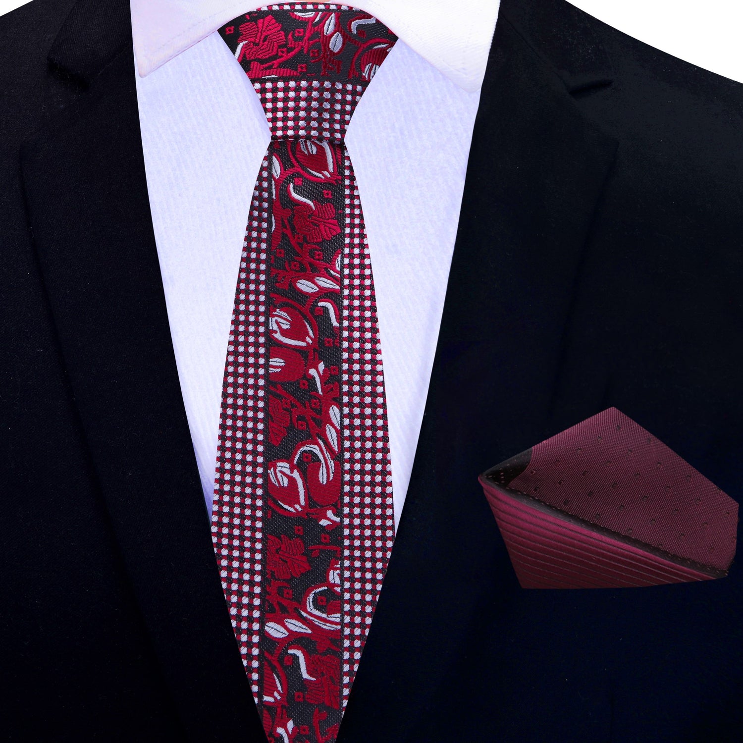 Thin Tie: Red Floral Necktie and Accenting Pocket Square
