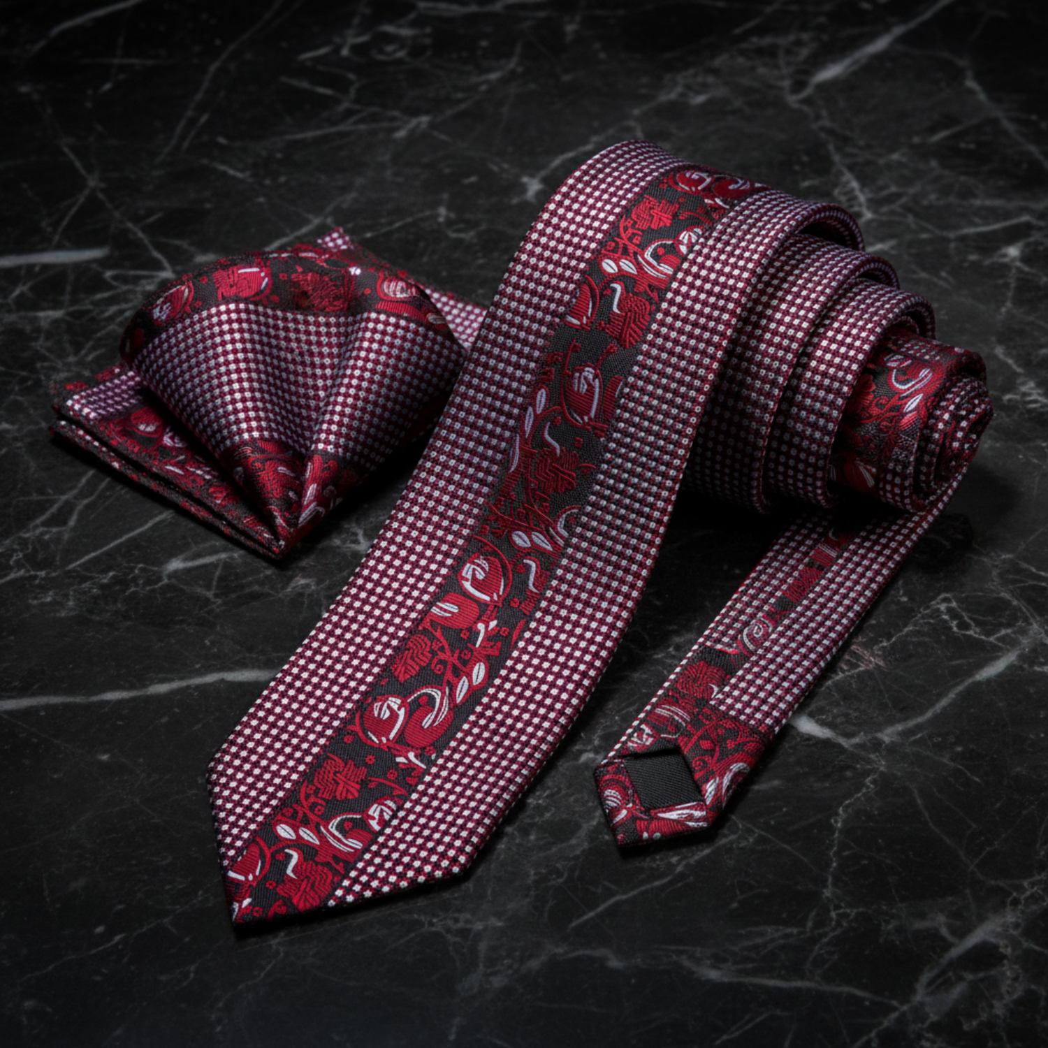 Alt View: Rich Red Floral Kids Necktie and Square