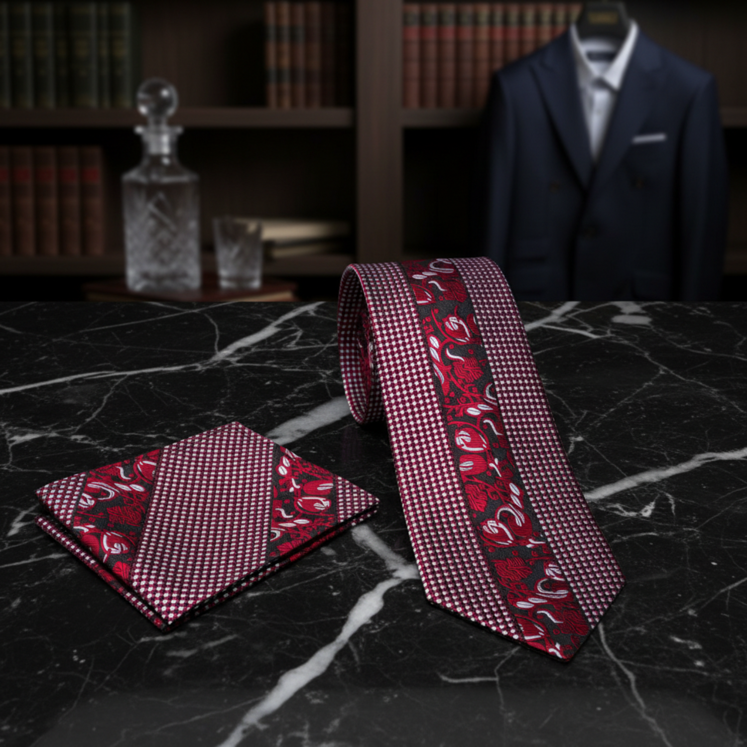 Alt View: Red Floral Necktie and Matching Pocket Square