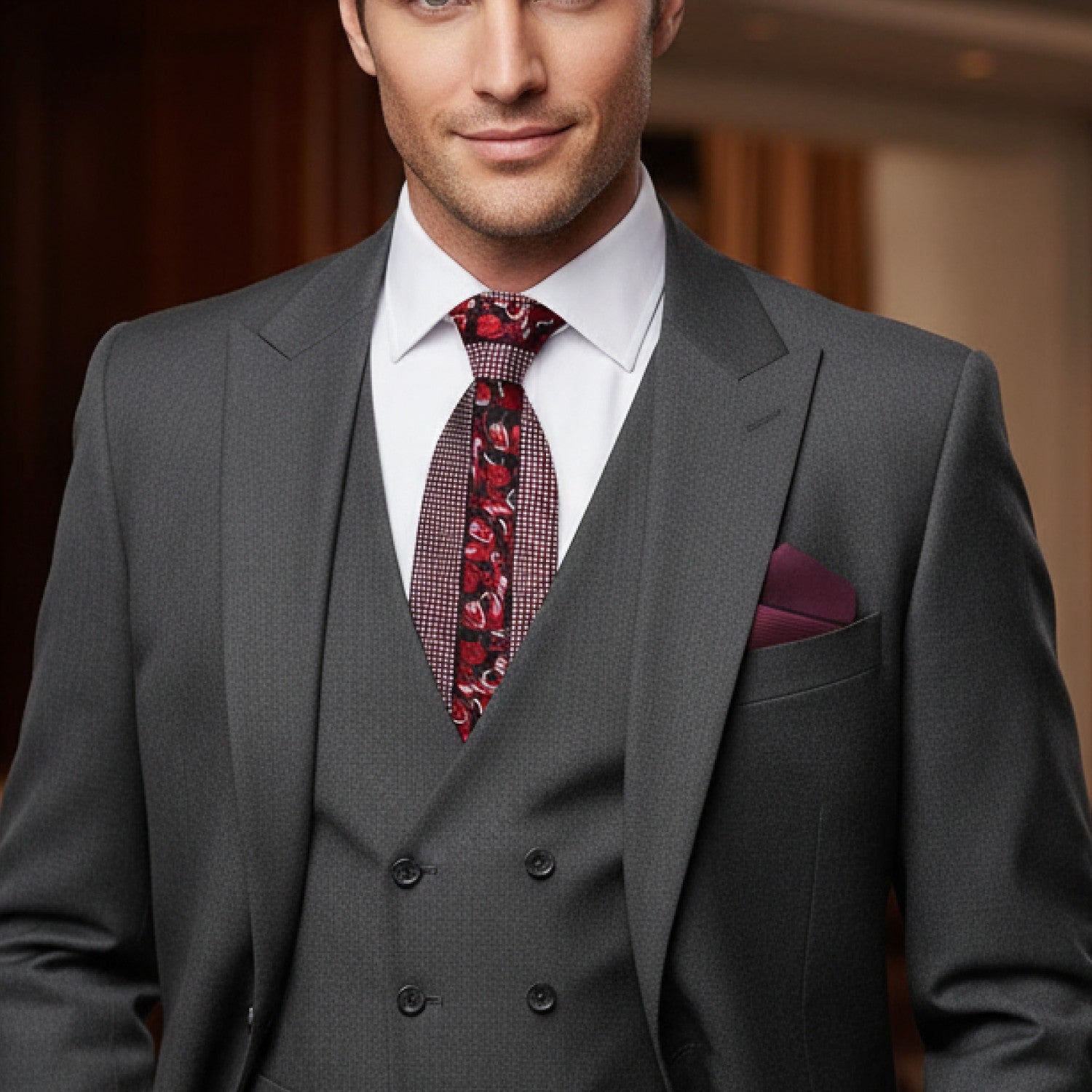 Man wearing a gray suit with a red patterned tie and pocket square.