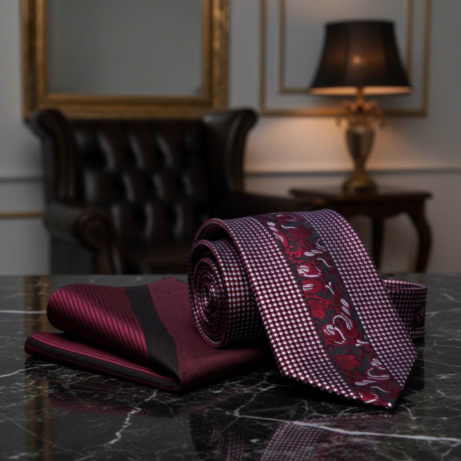 Alt View: Red Floral Necktie and Accenting Pocket Square