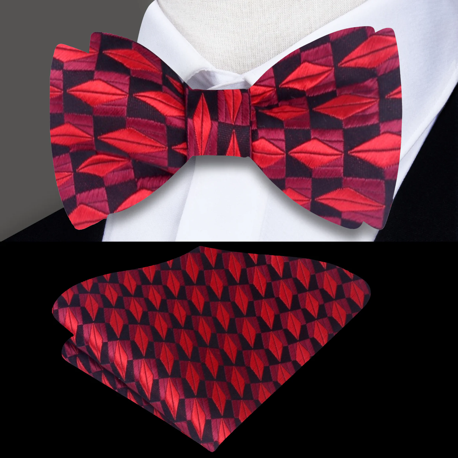 A Red, Black Geometric Diamonds Pattern Self Tie Bow Tie, Matching Pocket Square