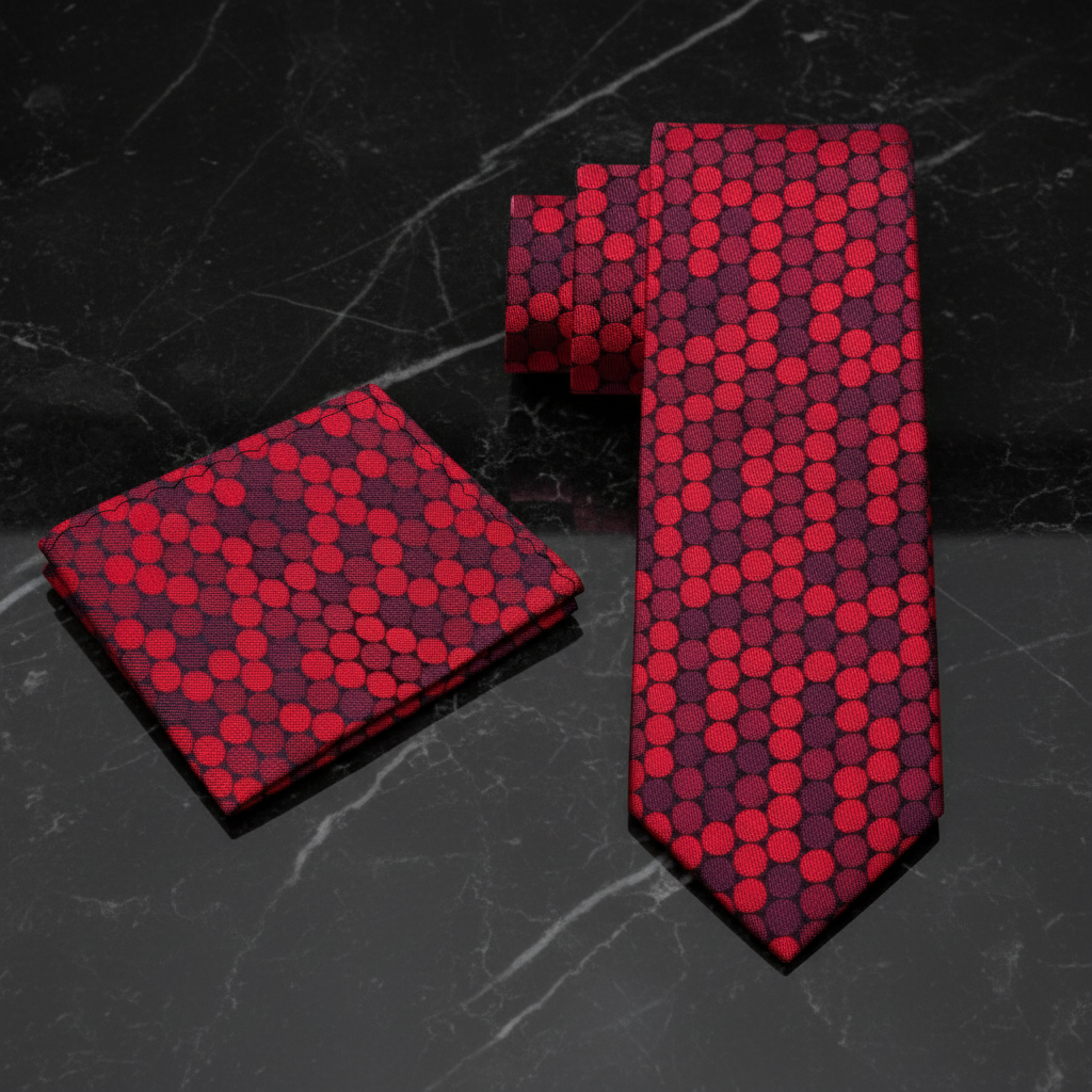 Red polka patterned tie and pocket square