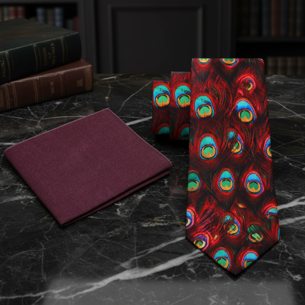 Thin Tie: Red Peacock Abstract Necktie and Deep Red Square