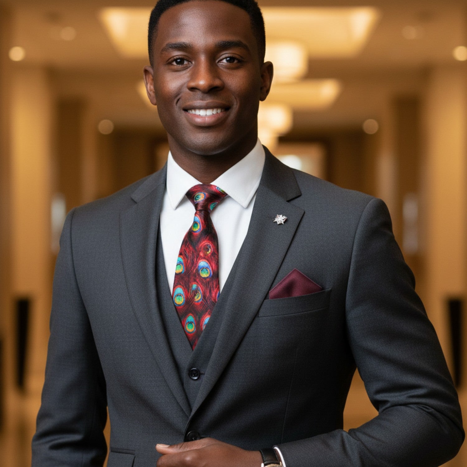 Deep Red Peacock Feather Necktie | Bold, Artistic & Refined