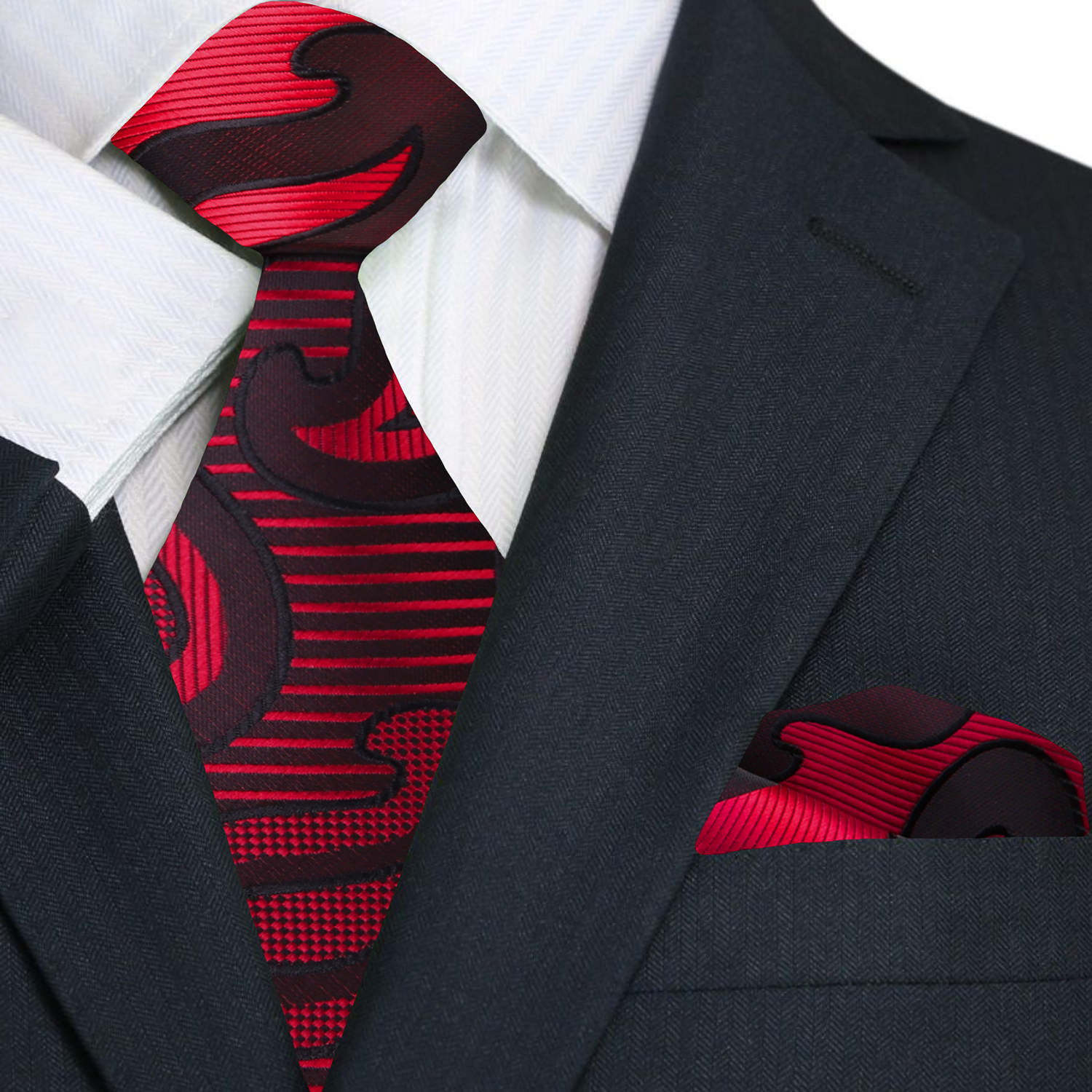 Main: Red Paisley Tie and Pocket Square||Black Cherry
