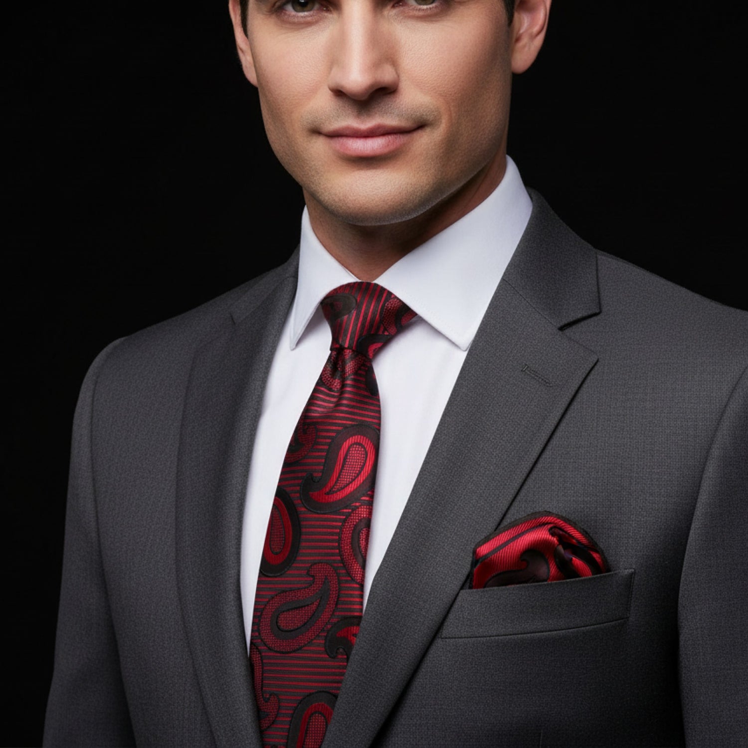 Man wearing a gray suit with a red tie and pocket square on a black background