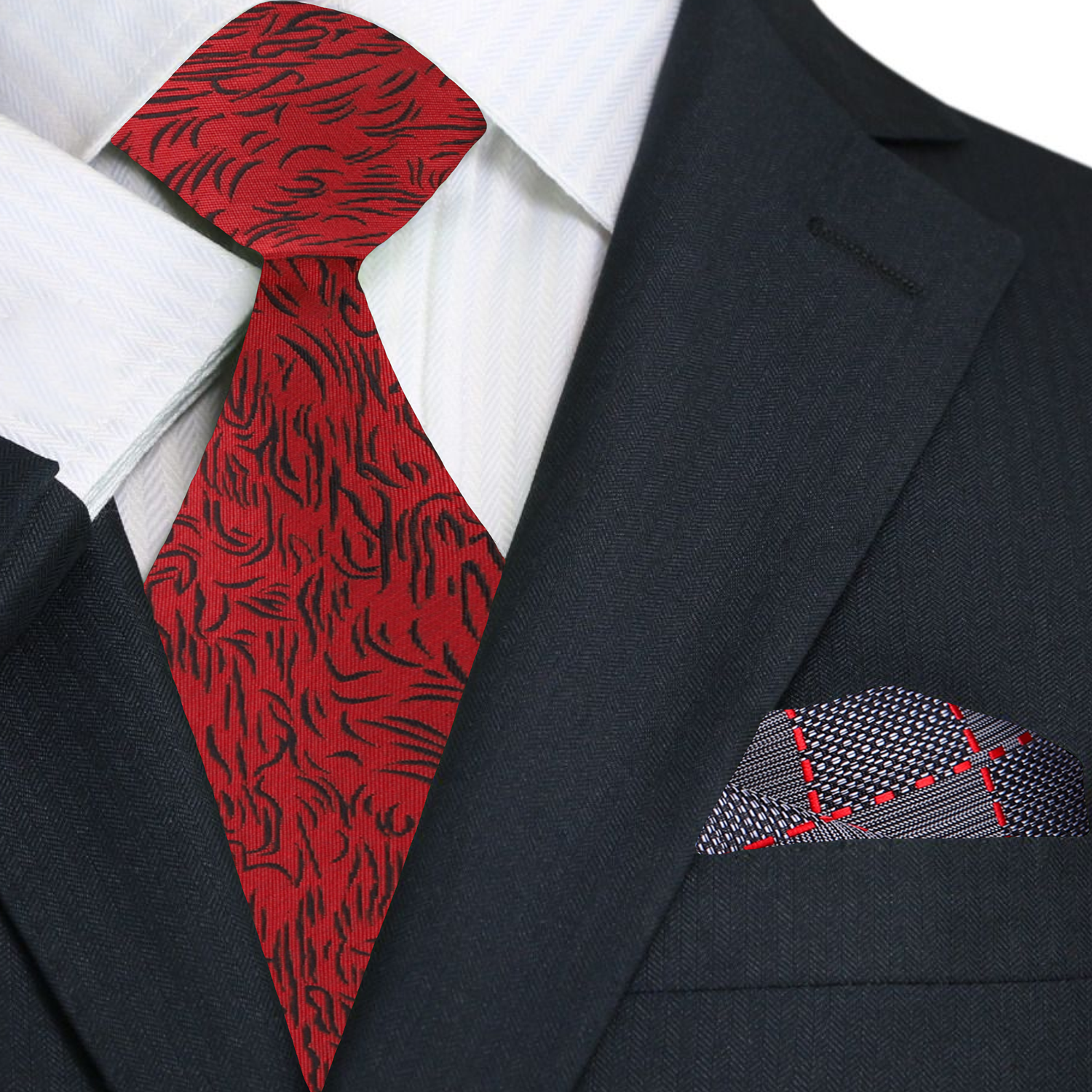 Red with Black Abstract Lines Tie and Accenting Pocket Square