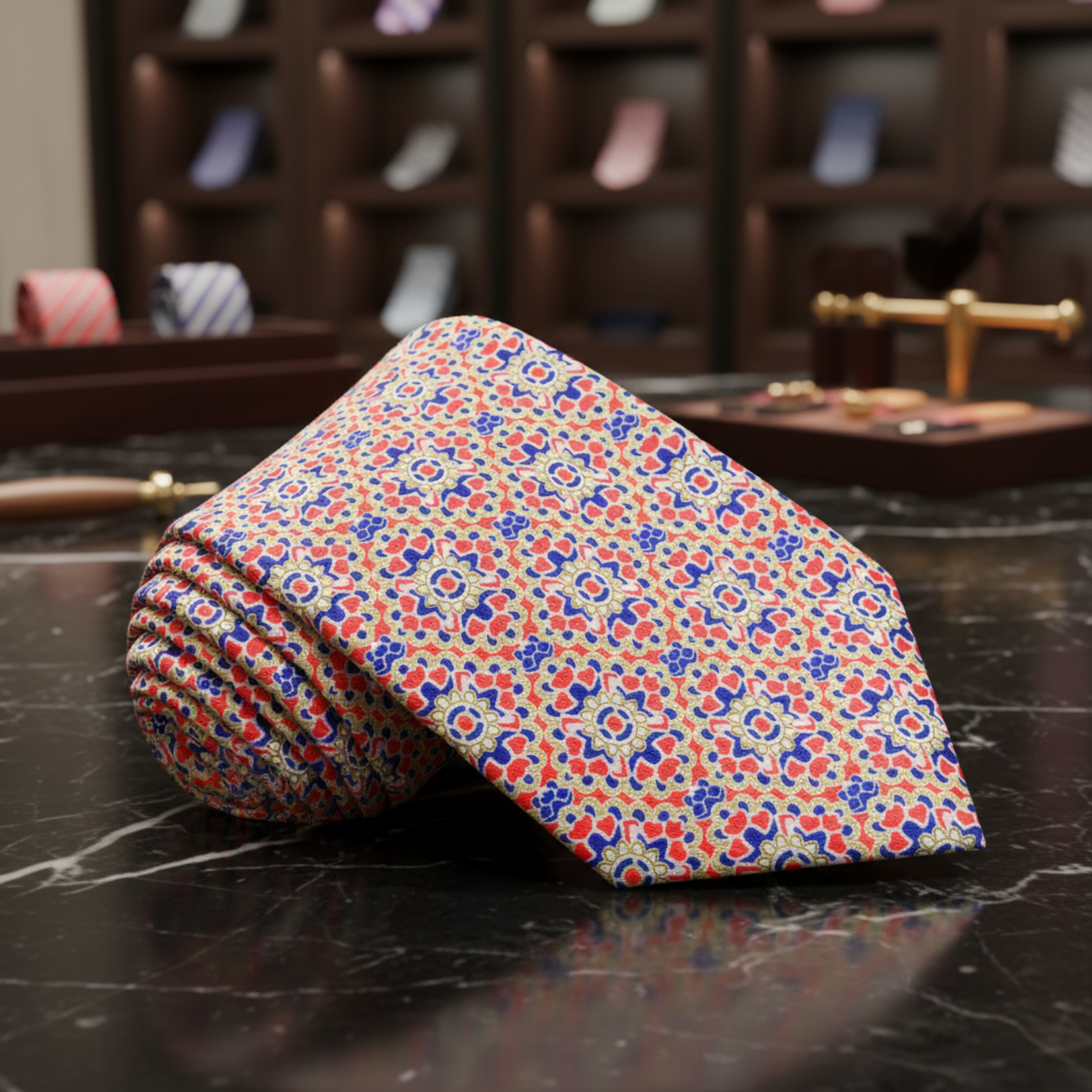 Rolled Up: Red, Blue, White Mosaic Necktie  