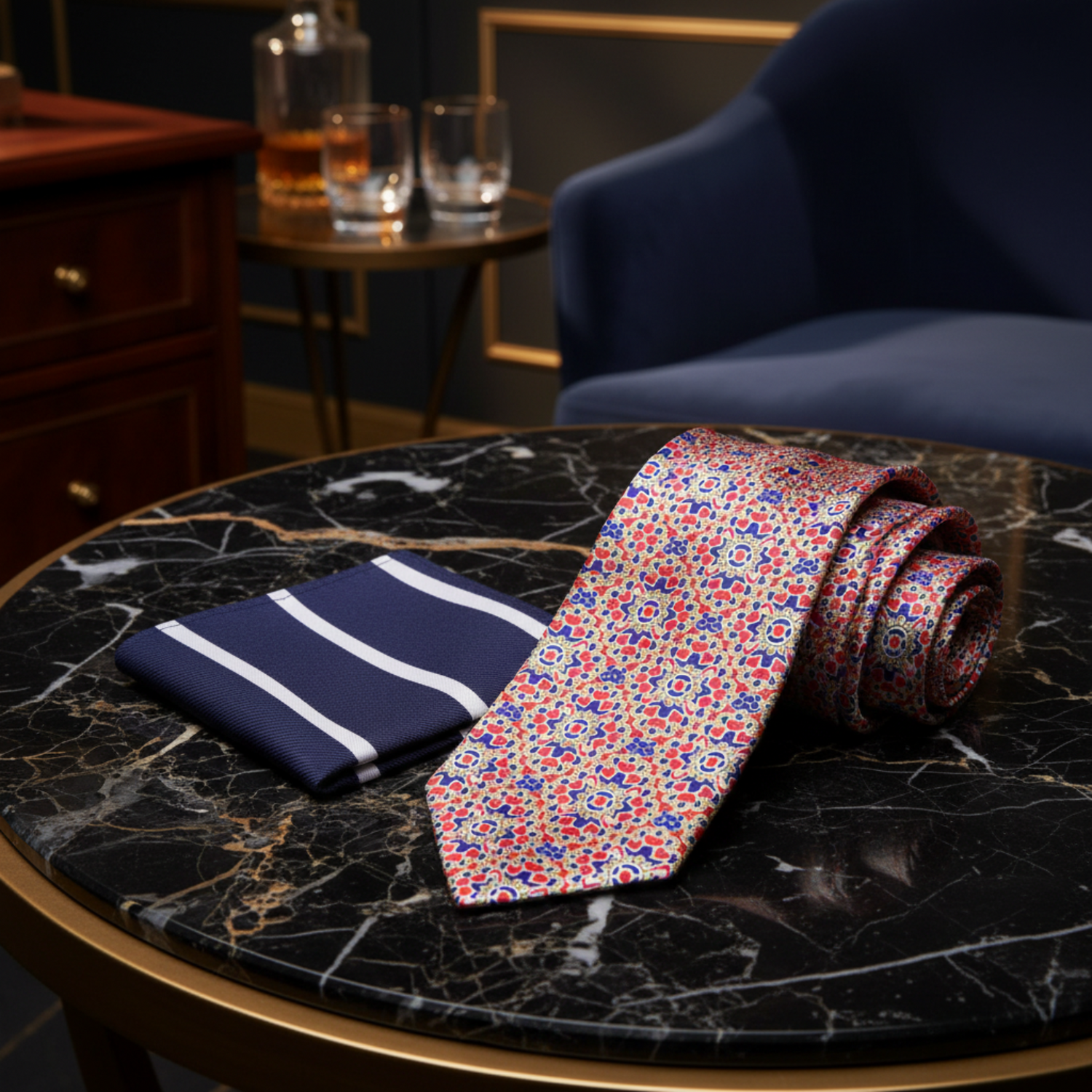 Alt View: Red, Blue, White Mosaic Necktie and Blue, White Stripe Square