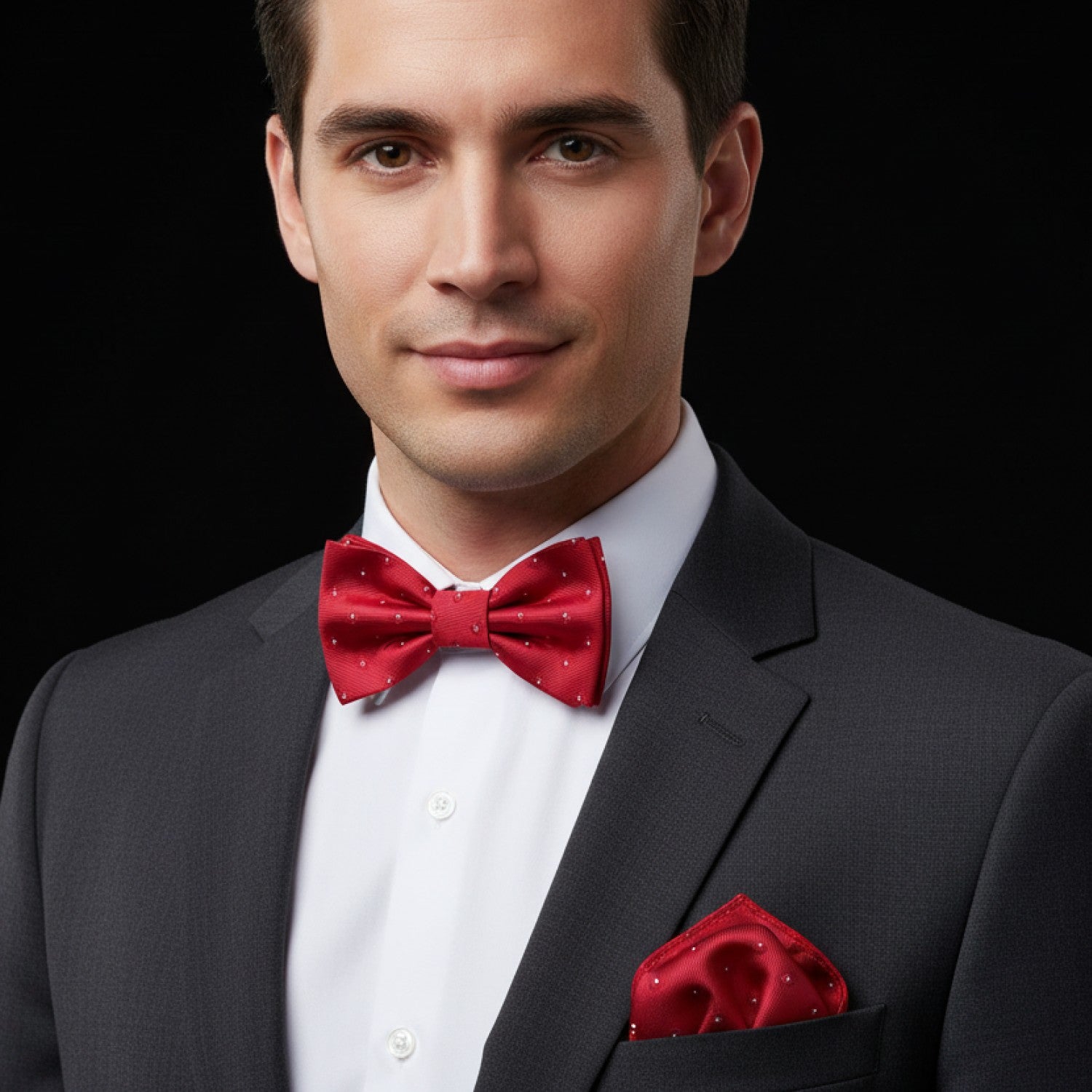 Man wearing a black suit with a red bow tie and pocket square on a black background