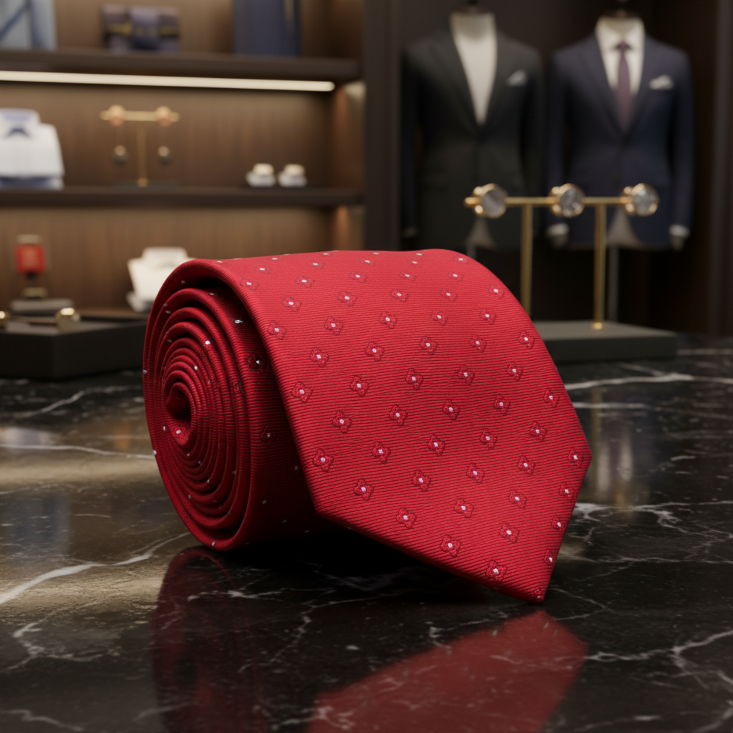 Red tie with a subtle pattern on a dark marble surface