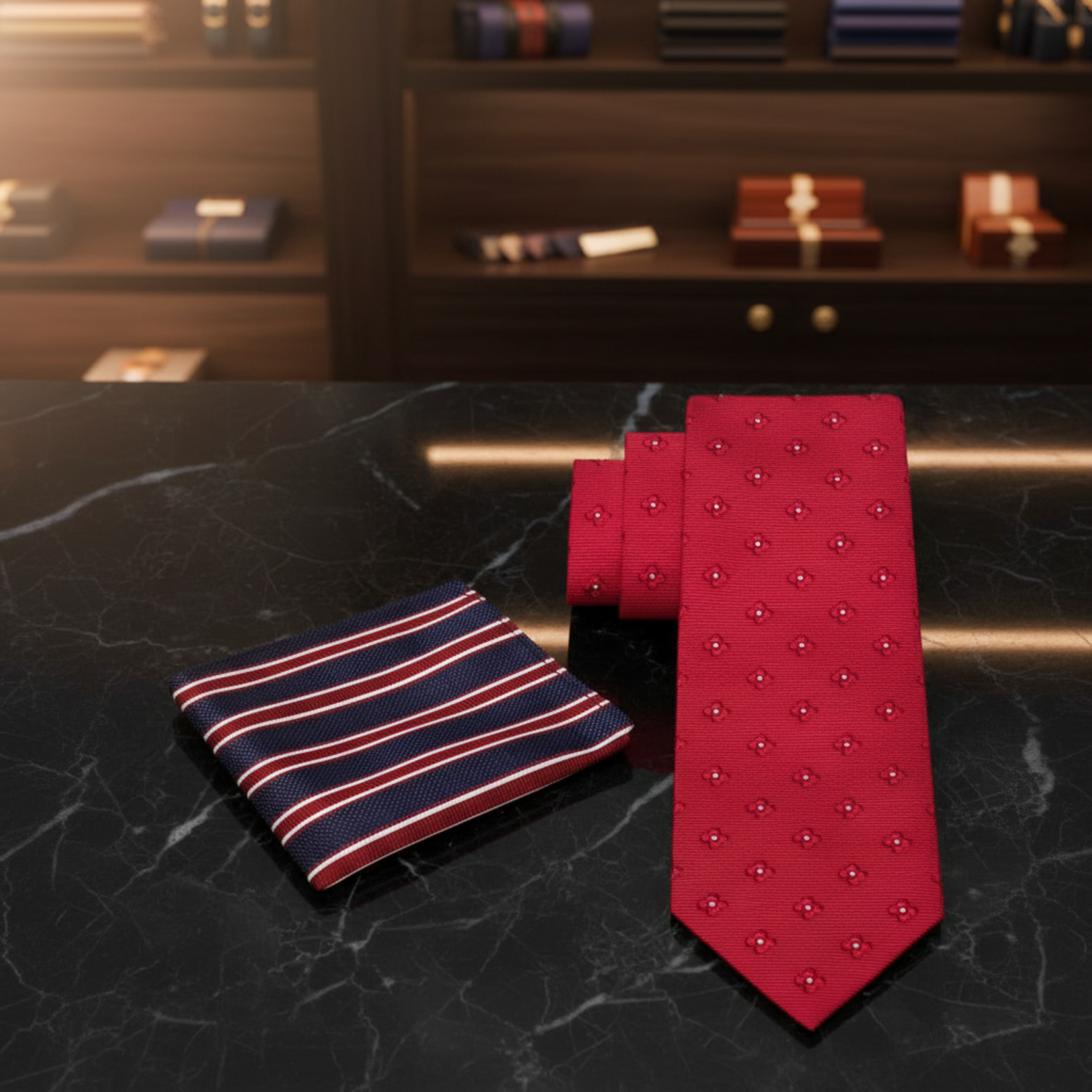 Red patterned tie and accenting pocket square on a dark marble surface