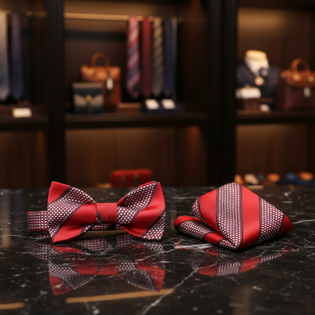 Red, Brown Stripe Bow Tie and Pocket Square