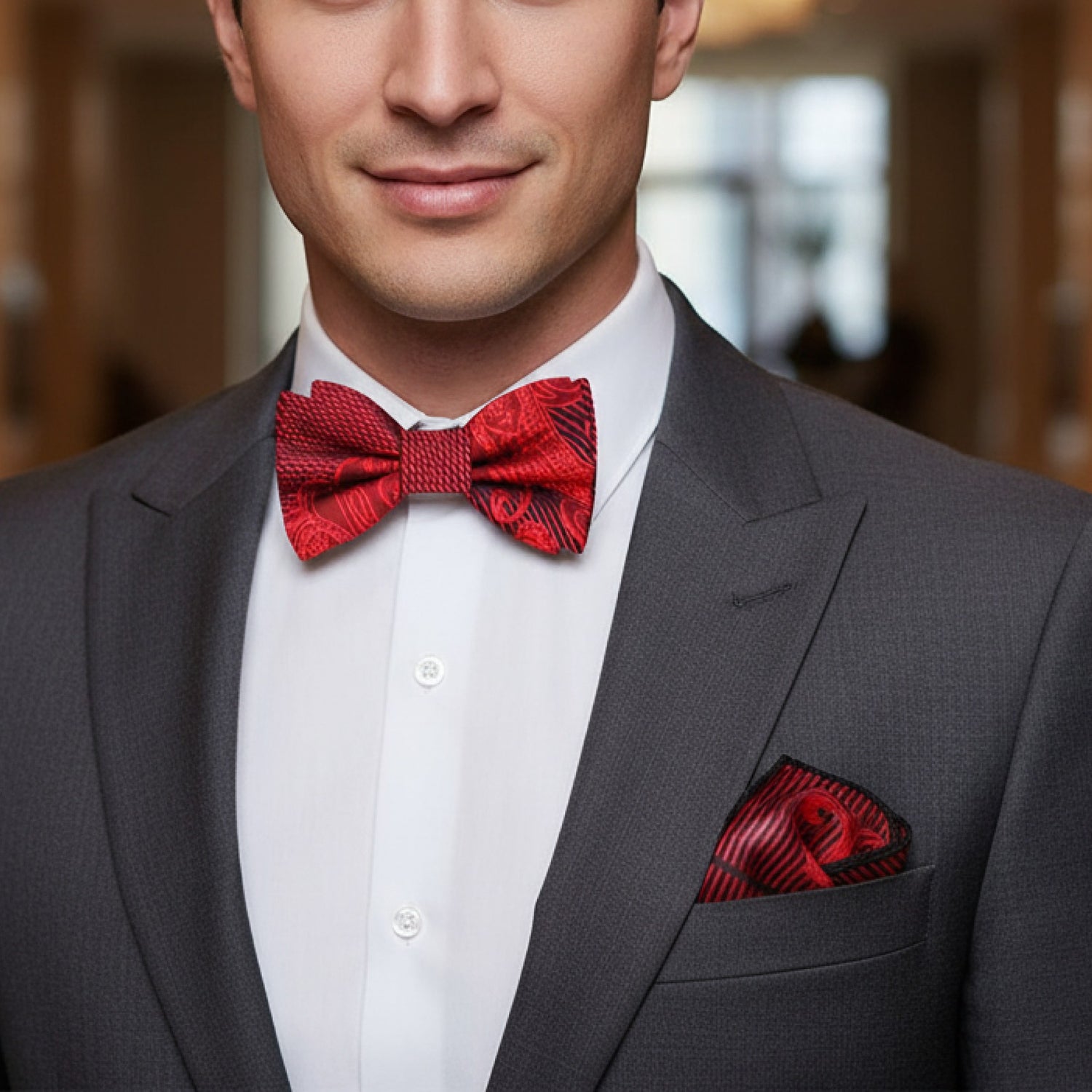Man wearing a gray suit with a red bow tie and pocket square indoors.