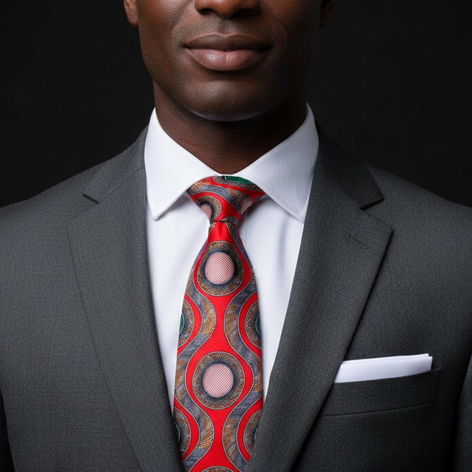 Man wearing a gray suit with a white shirt and a red patterned tie against a black background