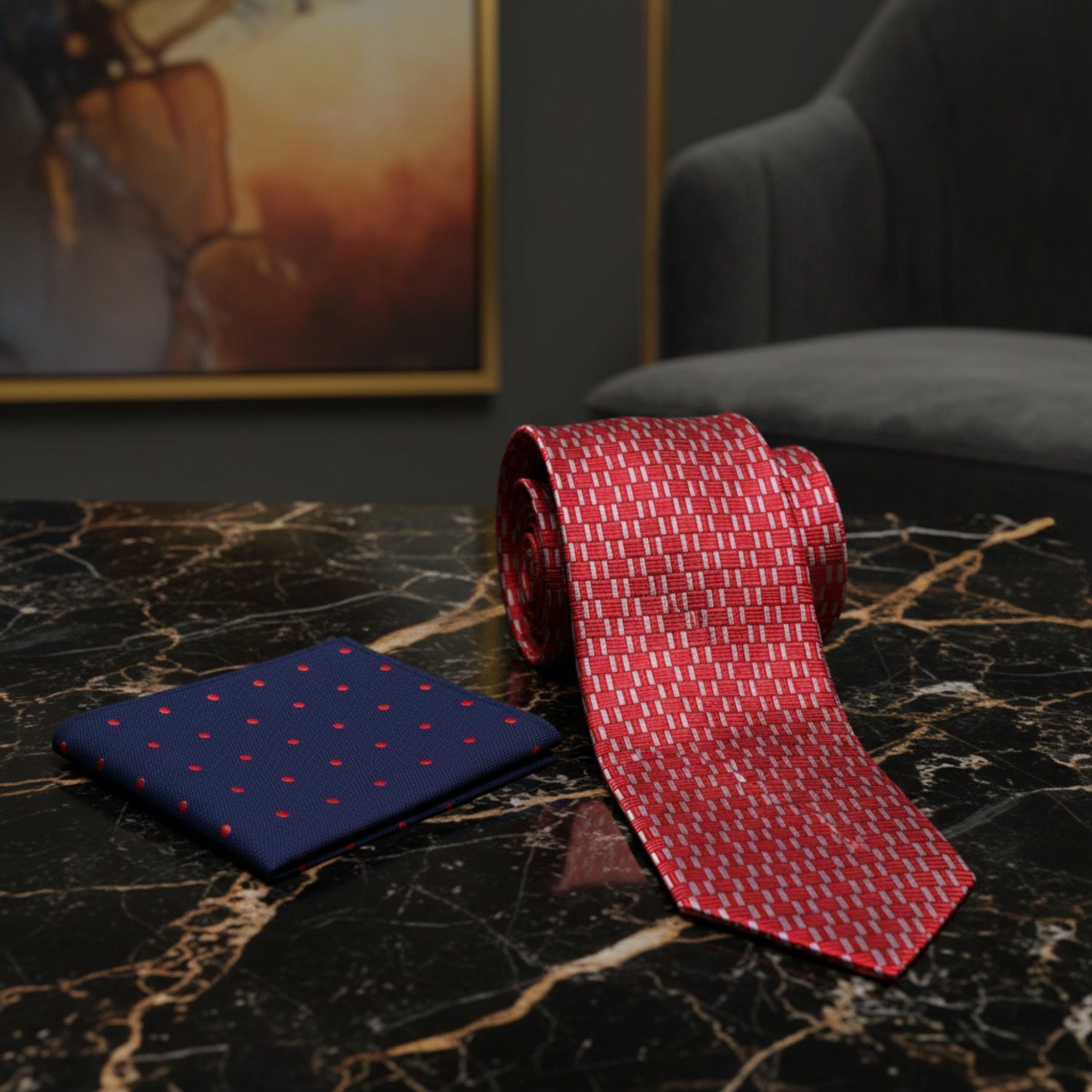 A men's necktie and pocket square set on a white background. The necktie is red with a white vertical stripe pattern, and the matching pocket square is navy blue with small red polka dots.
