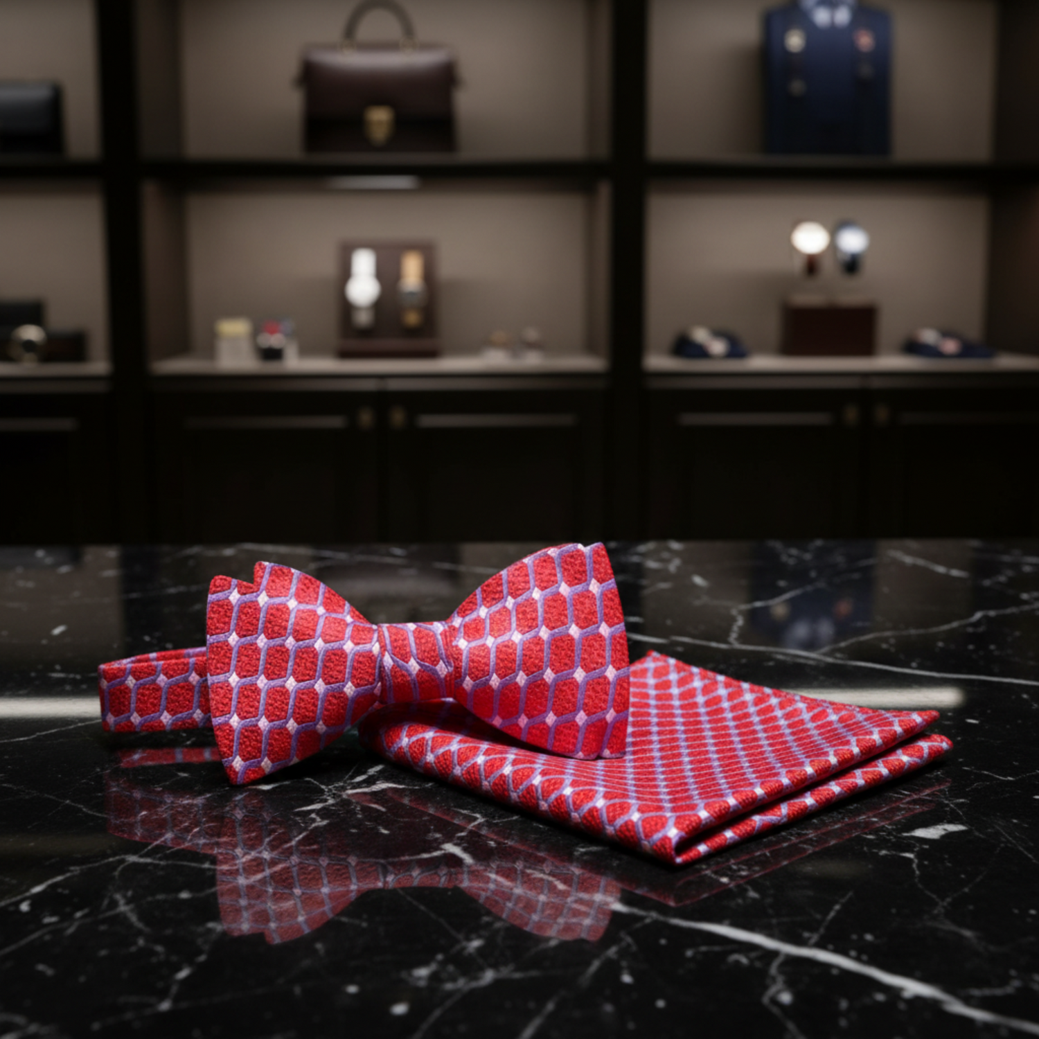 Red Geometric Bow Tie and Pocket Square