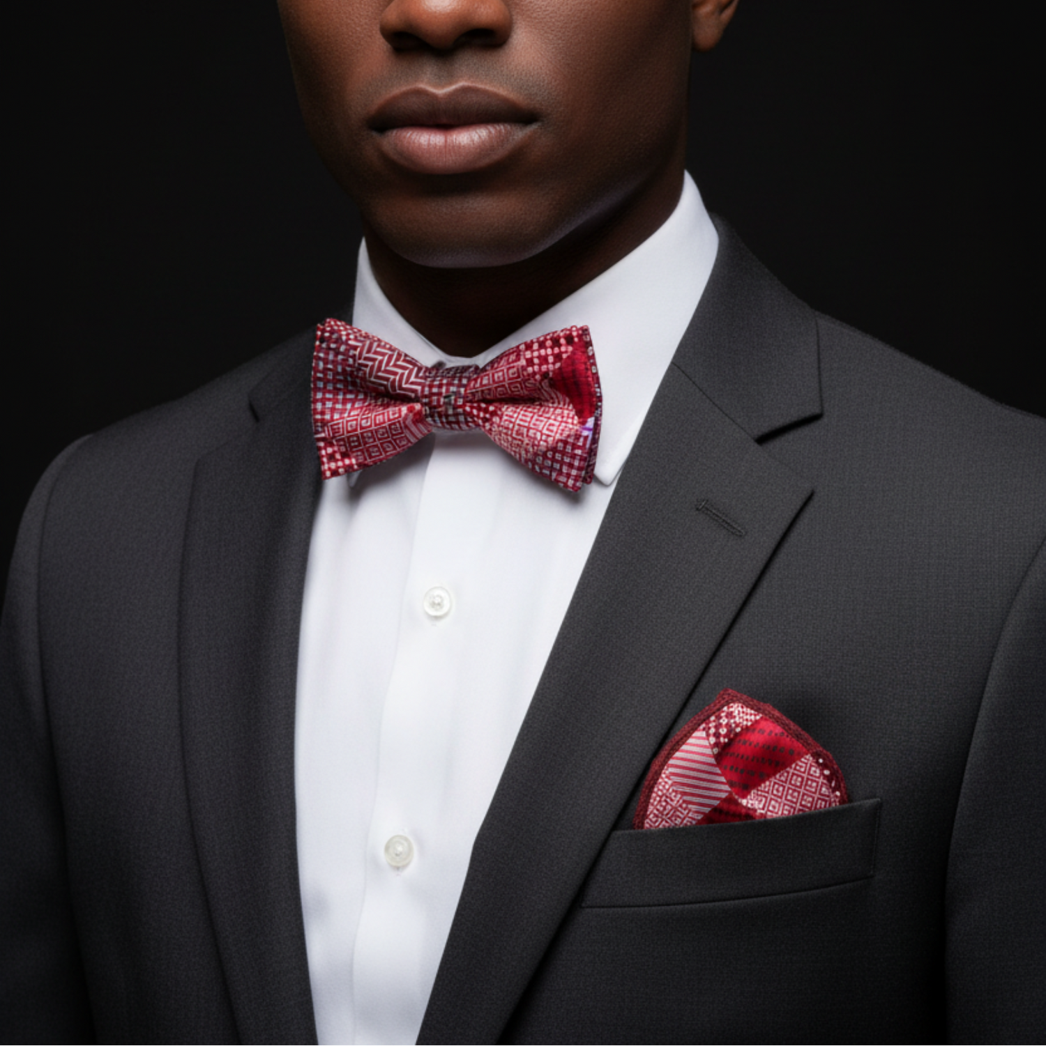 Man wearing a black suit with a red bow tie and pocket square on a black background
