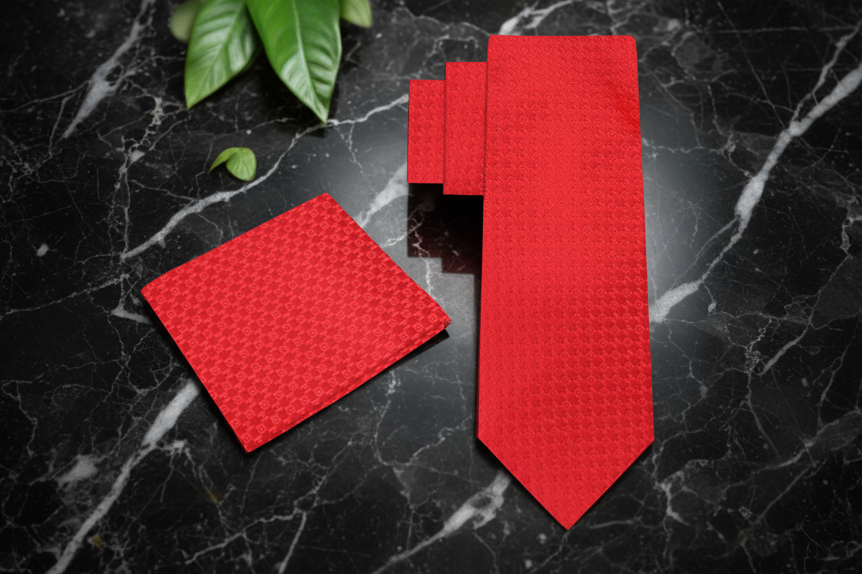 Red tie and matching pocket square on a black marble surface