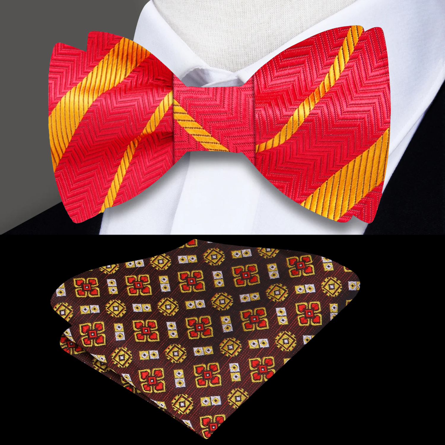 Red Gold Classy Stripe Bow Tie and Accenting Square
