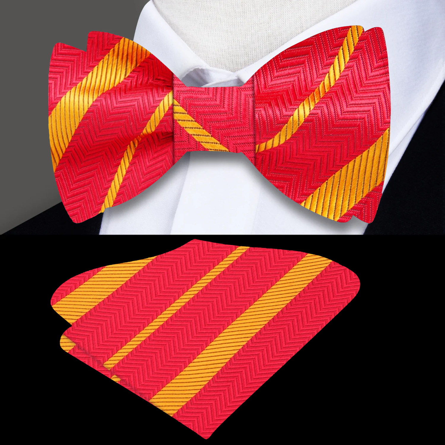 A Red, Gold Stripe Pattern Self Tie Bow Tie, Matching Pocket Square