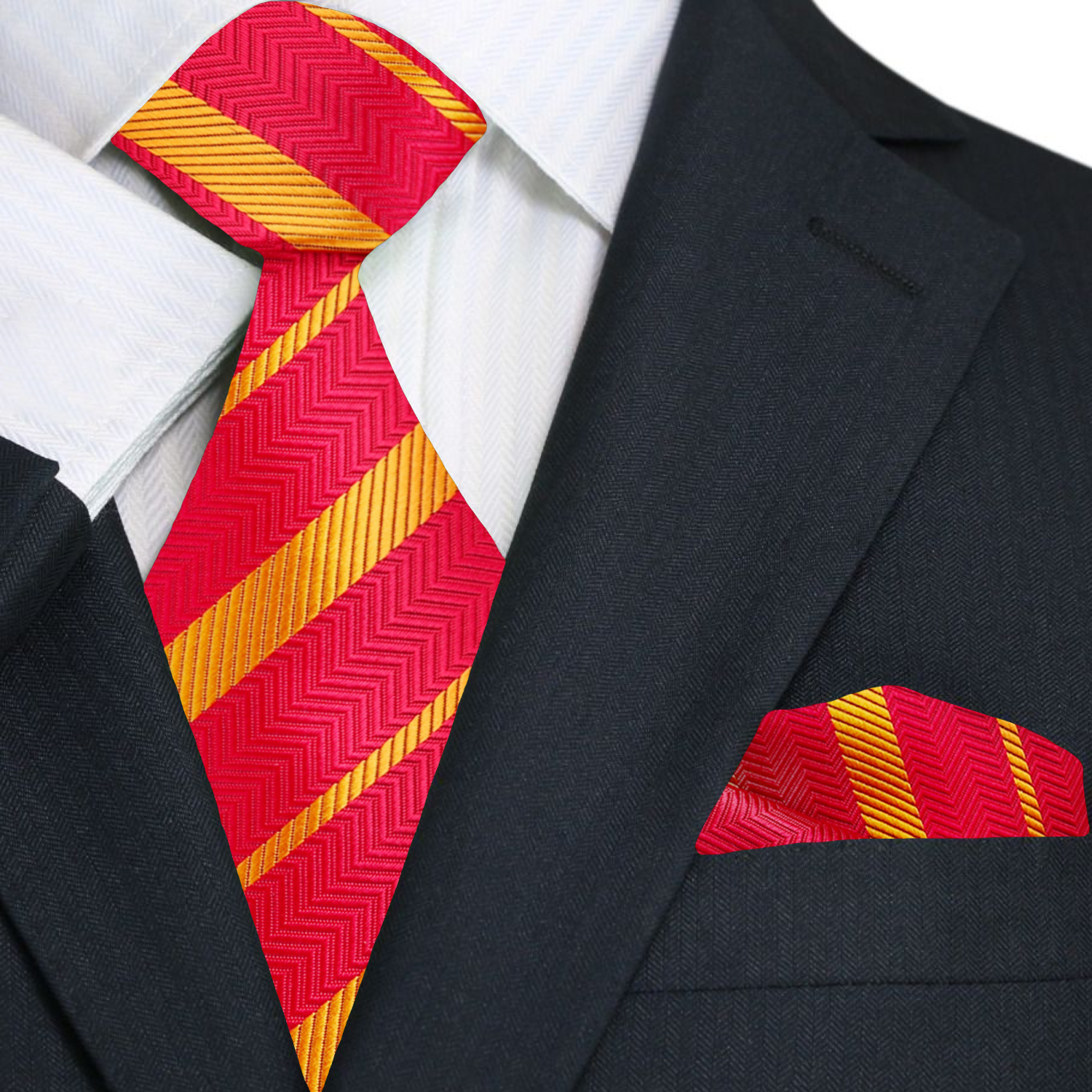 Red and yellow striped tie with matching pocket square on a black suit jacket.