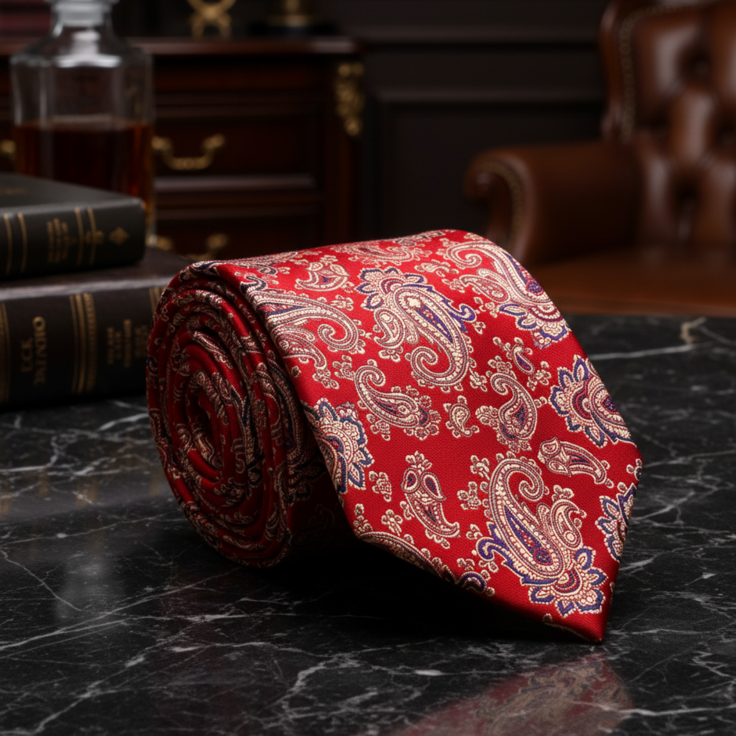 Red, Golden Brown, and Blackened Blue paisley Necktie