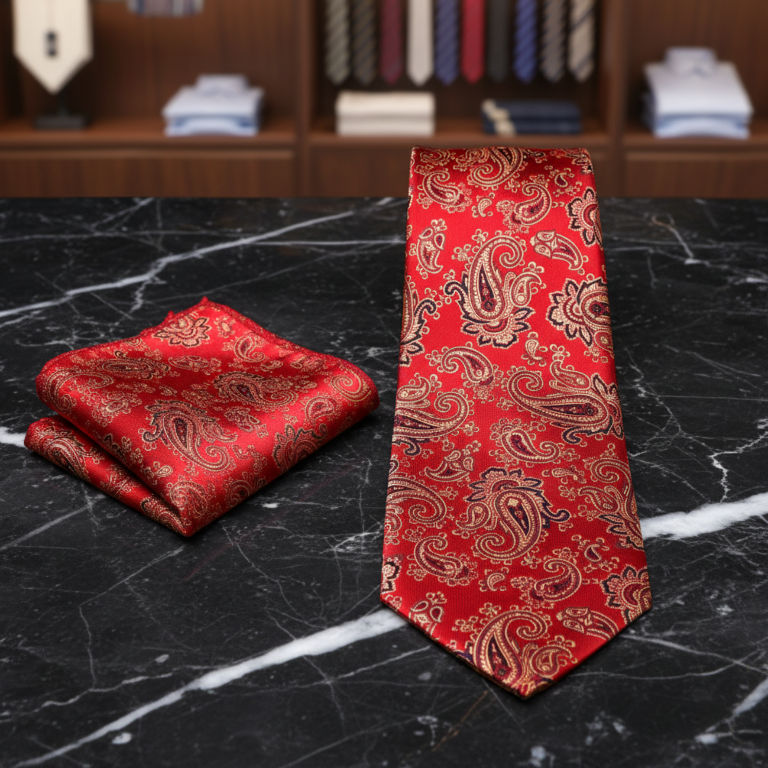 Alt Red, Golden Brown, and Blackened Blue paisley Necktie and Accenting Brown, Red and Blue Plaid Square
