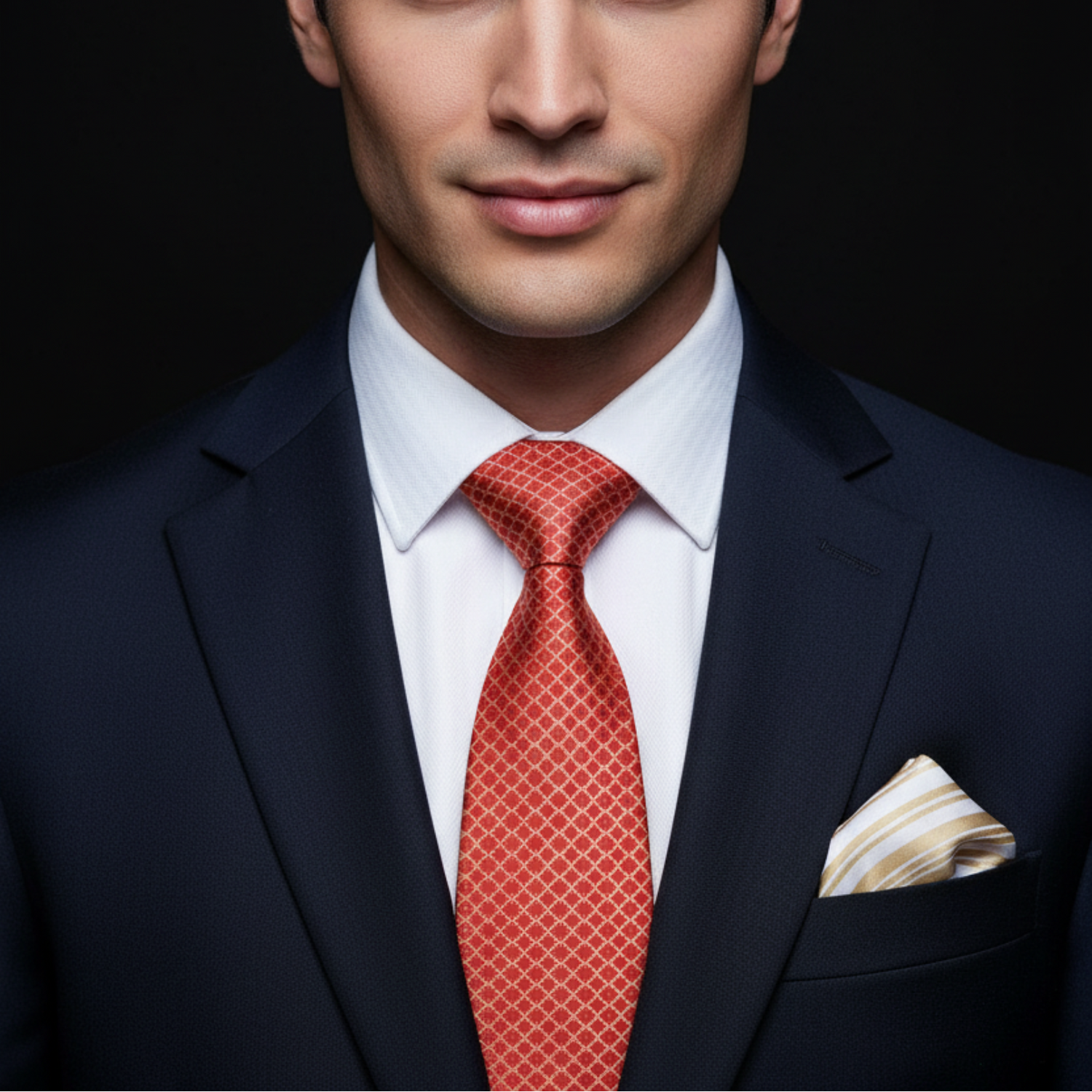 A red necktie with a gold quatrefoil pattern, displayed against a festive background with Christmas lights.