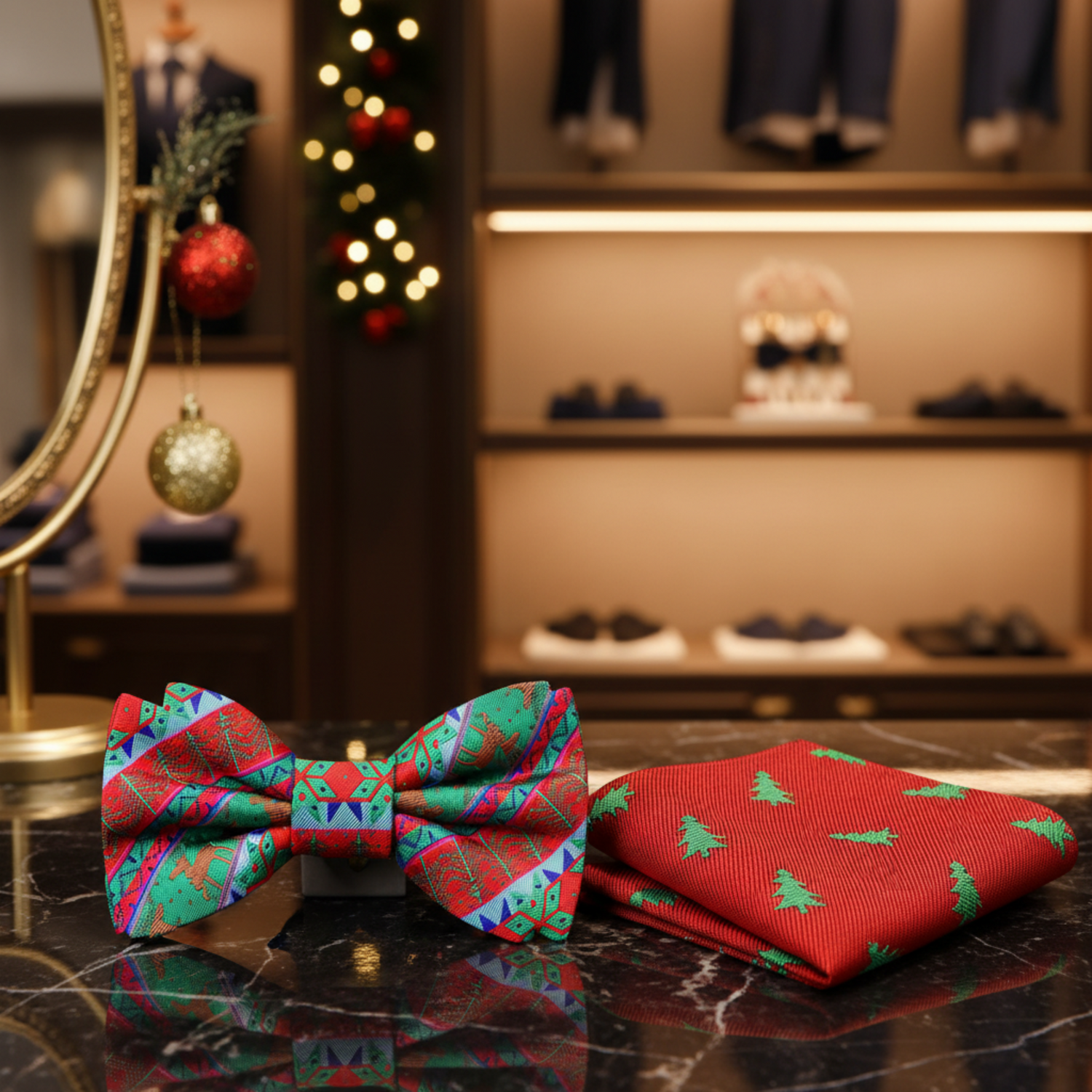 Green and Red Christmas Bow Tie and Christmas Tree Square