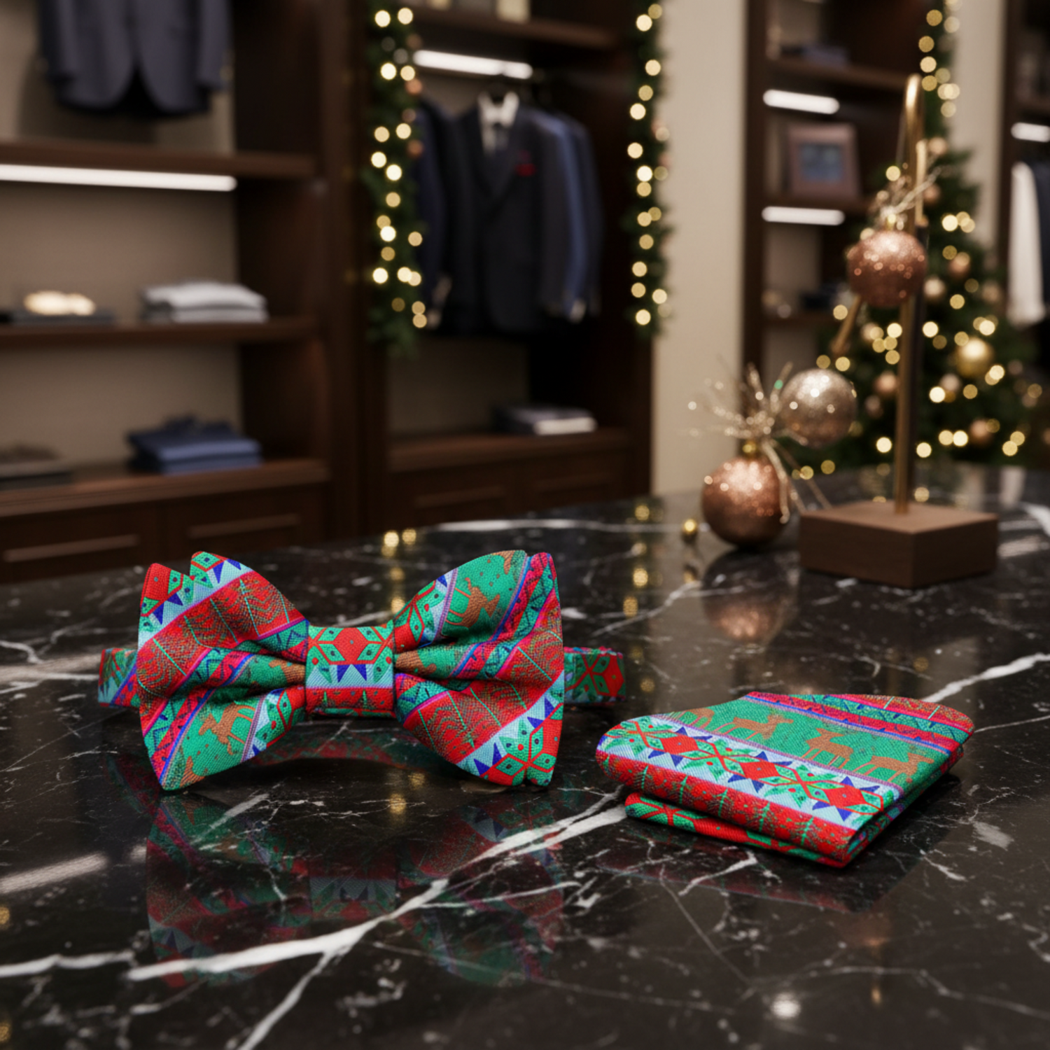 View 1 Red Green Reindeer Snow Flake Christmas Tree Bow Tie and Square