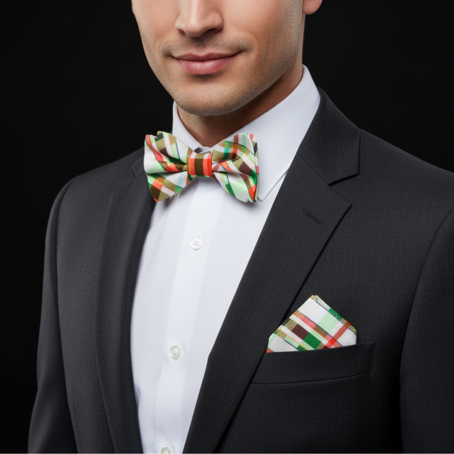 White Abstract Plaid Bow Tie Collection in Green, Blue, Red, and Purple