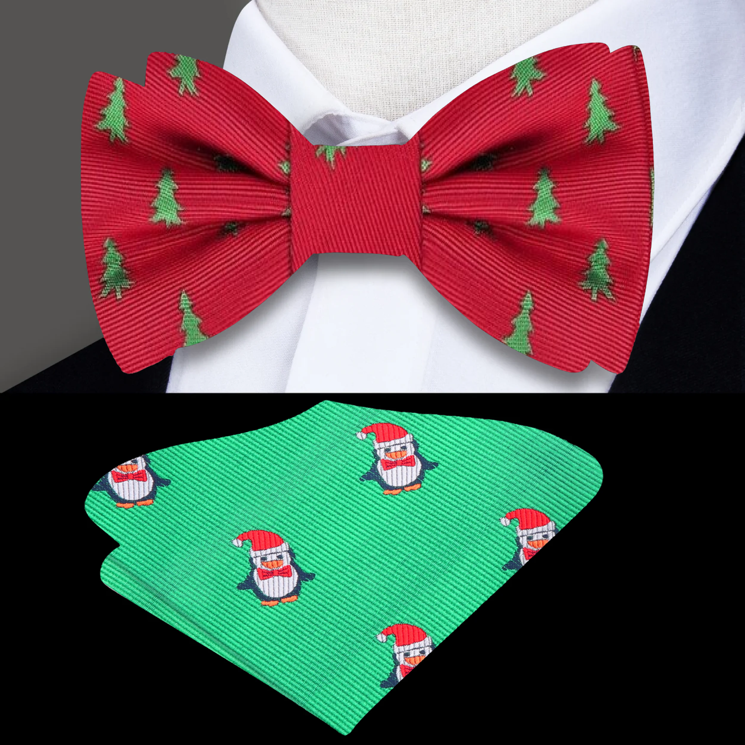Red with Green Christmas Tree Bow Tie and Accenting Pocket Square