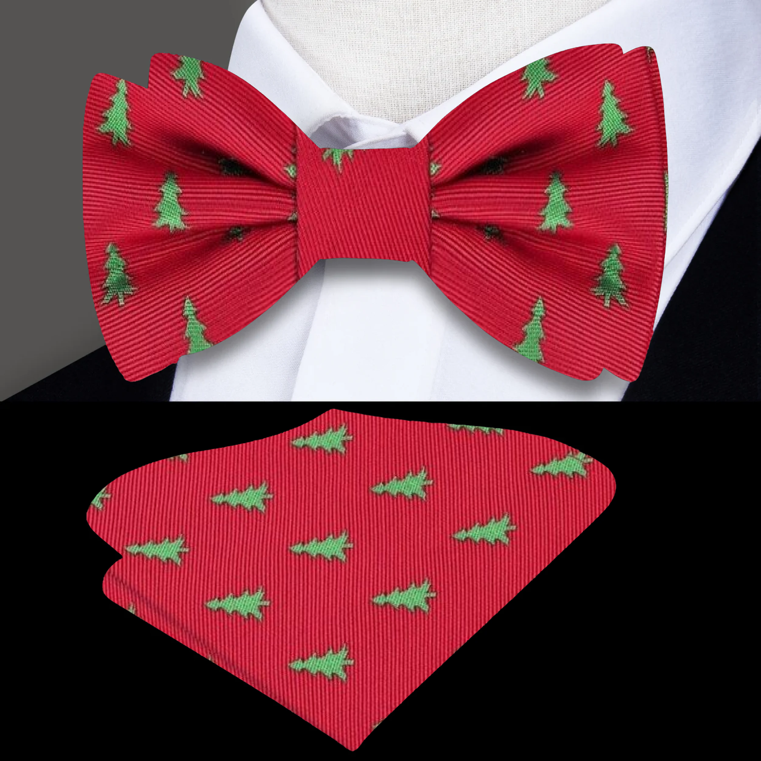 Red with Green Christmas Tree Bow Tie and Pocket Square