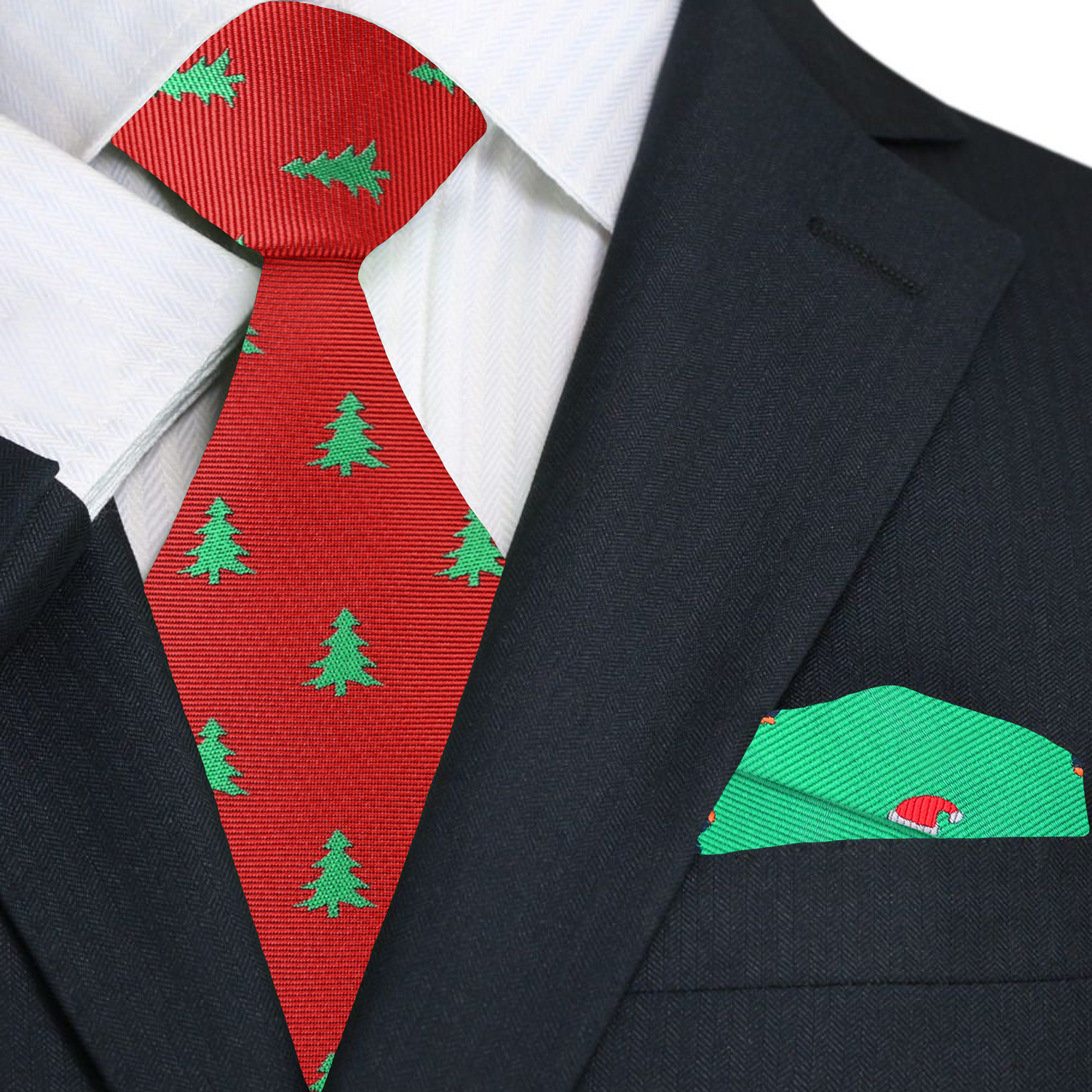 Premium Red Silk with Green Christmas Trees Tie and Accenting Square
