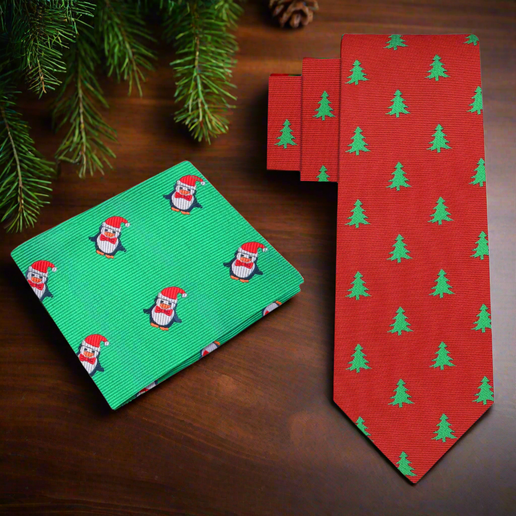 Alt Red Silk with Green Christmas Trees Tie and Accenting Square